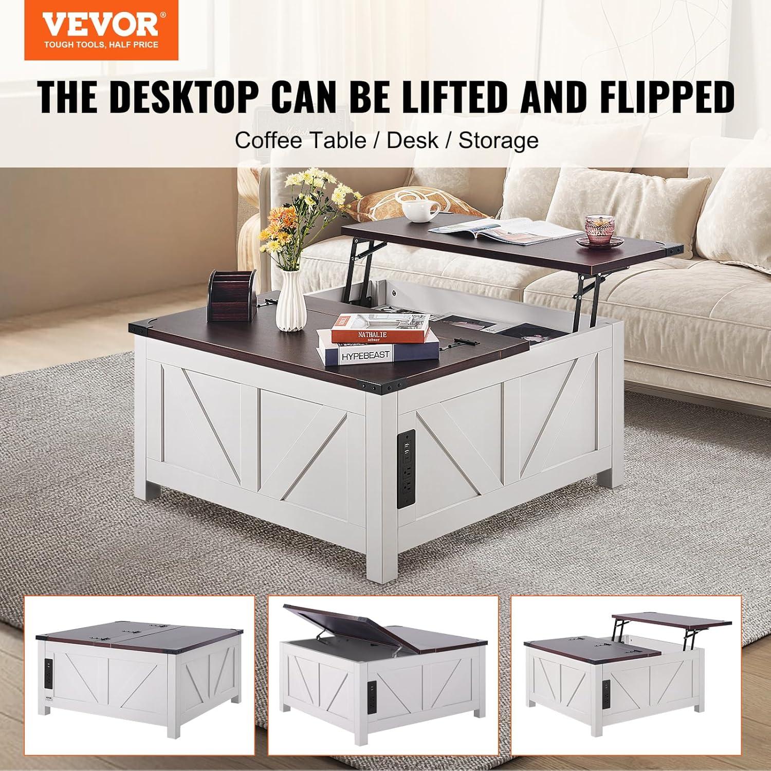 imageVEVOR 315quot Farmhouse Coffee Table Hinged Lift Top Coffee Square Table with Storage Compartment Wooden Rustic Cocktail Table for Living Room Bedroom Apartment Studio Gray ampamp White36 Inch