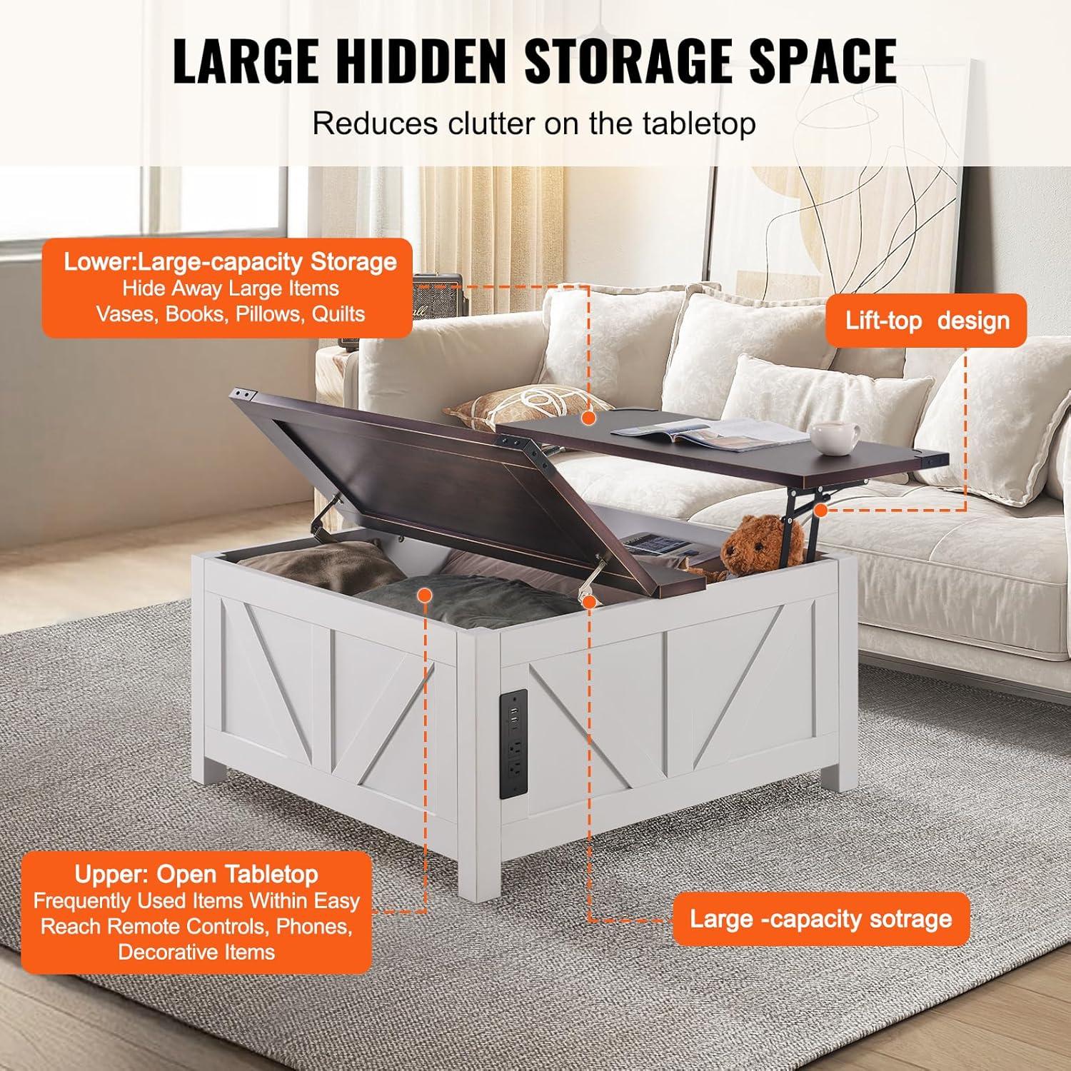 imageVEVOR 315quot Farmhouse Coffee Table Hinged Lift Top Coffee Square Table with Storage Compartment Wooden Rustic Cocktail Table for Living Room Bedroom Apartment Studio Gray ampamp White36 Inch