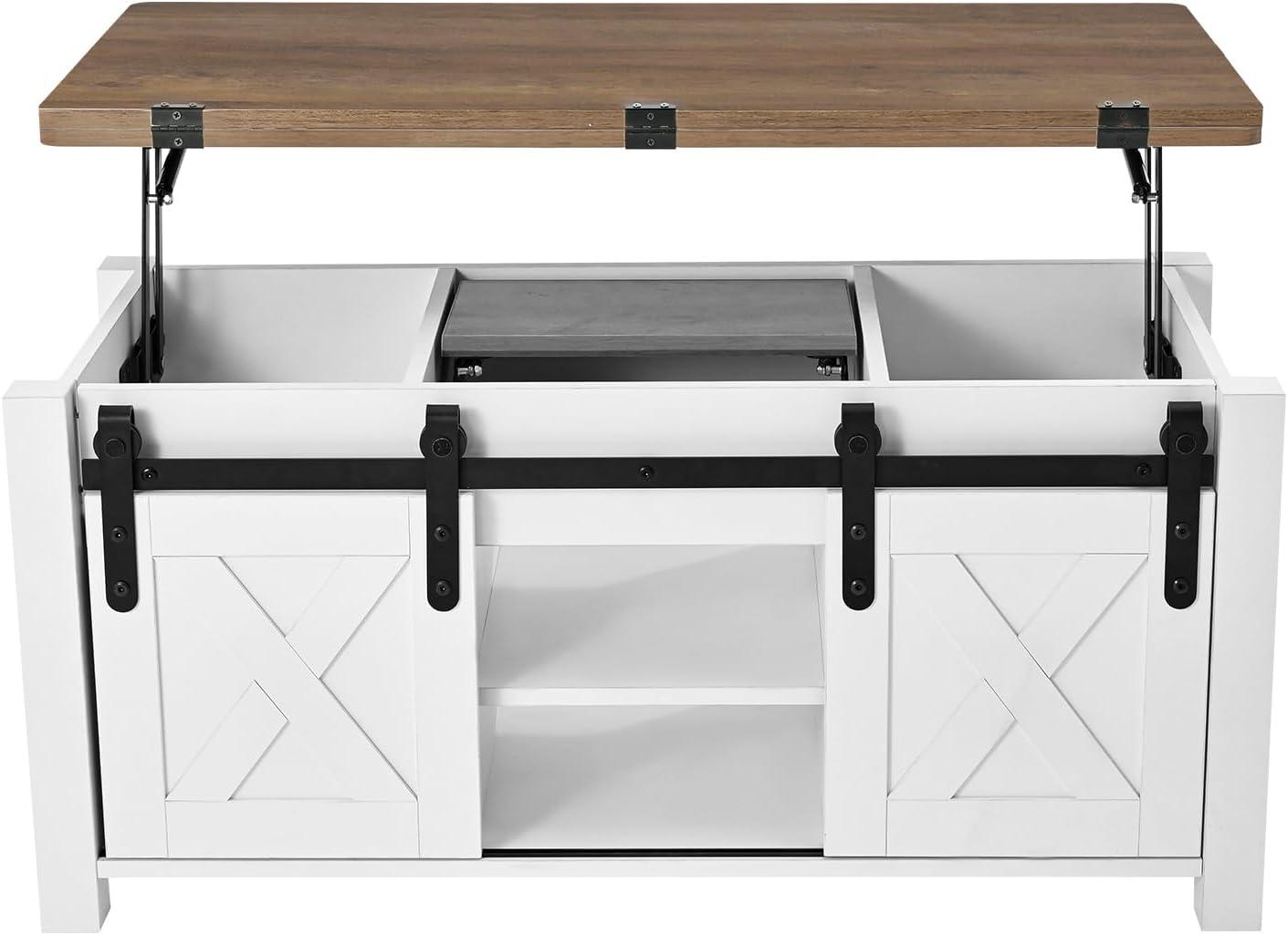 imageVEVOR 394 in Farmhouse Lift Top Coffee Table Rustic Center Table with Barn Door and Hidden Storage Compartment Modern Rectangle Lifting Tabletop for Living Room Office Home Easy Assembly BrownWhite Rustic Brown