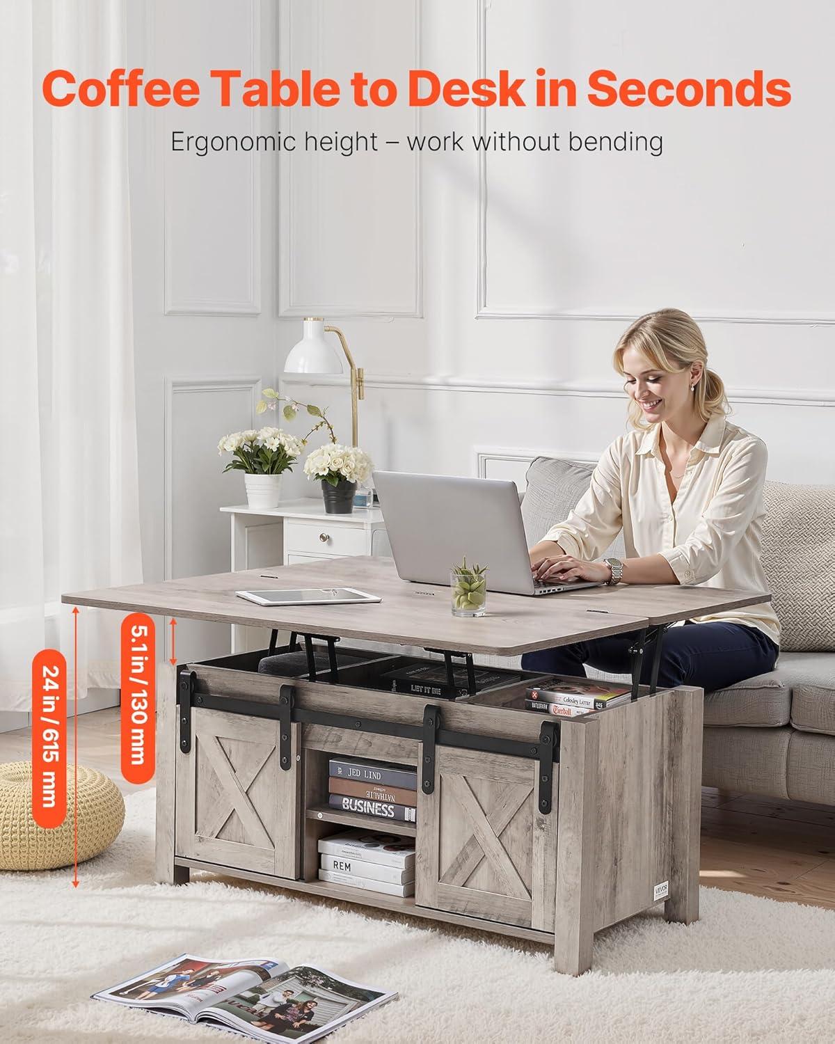 imageVEVOR 394 in Farmhouse Lift Top Coffee Table Rustic Center Table with Barn Door and Hidden Storage Compartment Modern Rectangle Lifting Tabletop for Living Room Office Home Easy Assembly BrownOak Grey