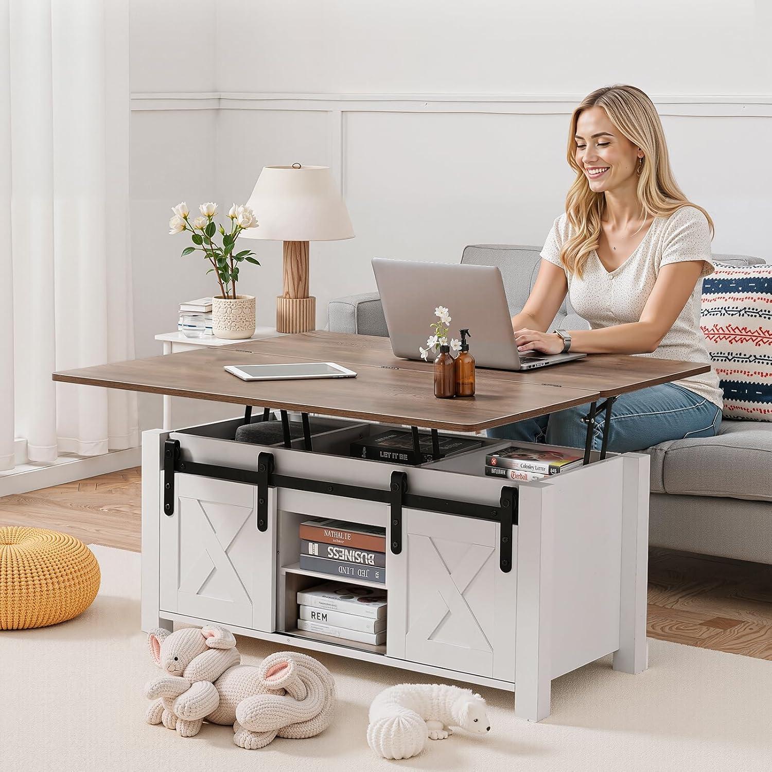 imageVEVOR 394 in Farmhouse Lift Top Coffee Table Rustic Center Table with Barn Door and Hidden Storage Compartment Modern Rectangle Lifting Tabletop for Living Room Office Home Easy Assembly BrownWhite Rustic Brown