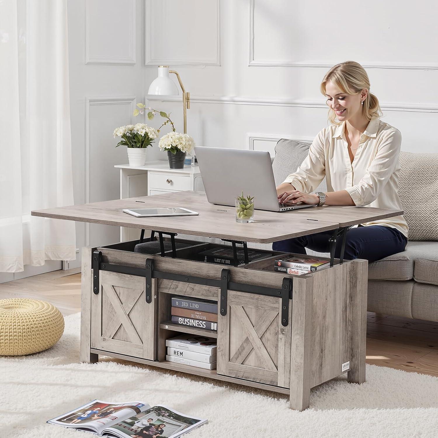 imageVEVOR 394 in Farmhouse Lift Top Coffee Table Rustic Center Table with Barn Door and Hidden Storage Compartment Modern Rectangle Lifting Tabletop for Living Room Office Home Easy Assembly BrownOak Grey