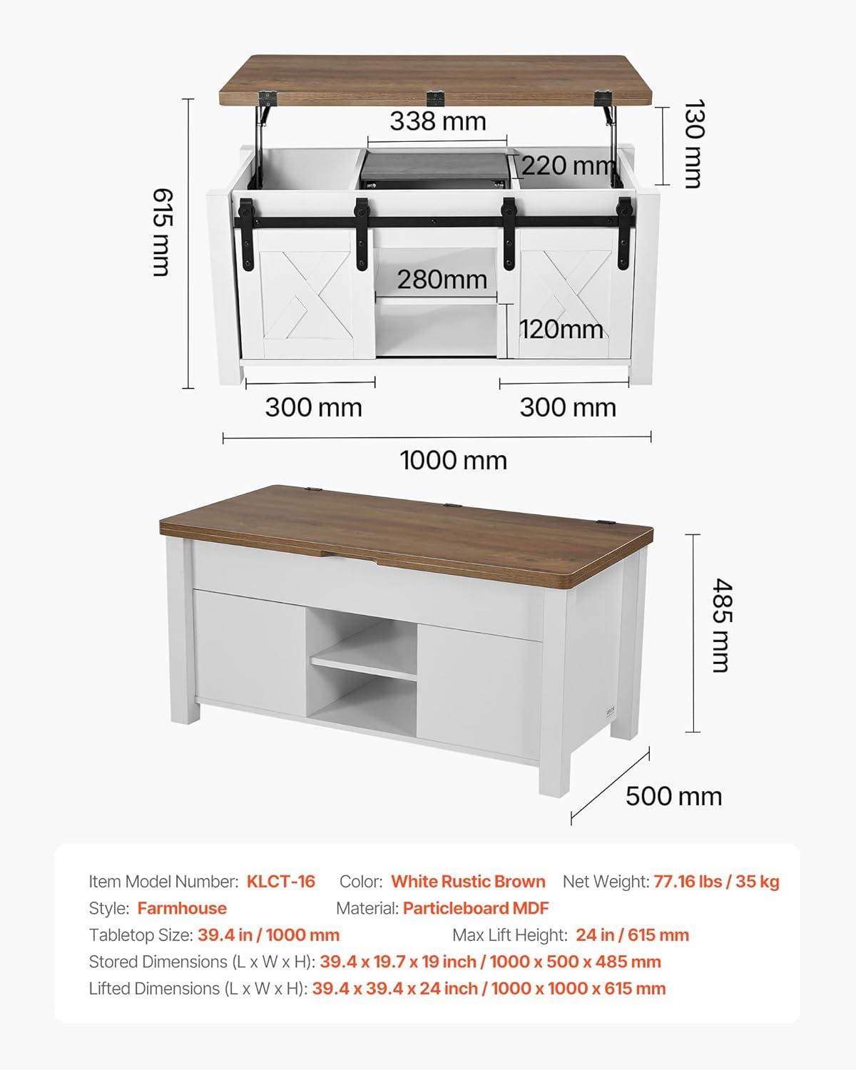 imageVEVOR 394 in Farmhouse Lift Top Coffee Table Rustic Center Table with Barn Door and Hidden Storage Compartment Modern Rectangle Lifting Tabletop for Living Room Office Home Easy Assembly BrownWhite Rustic Brown