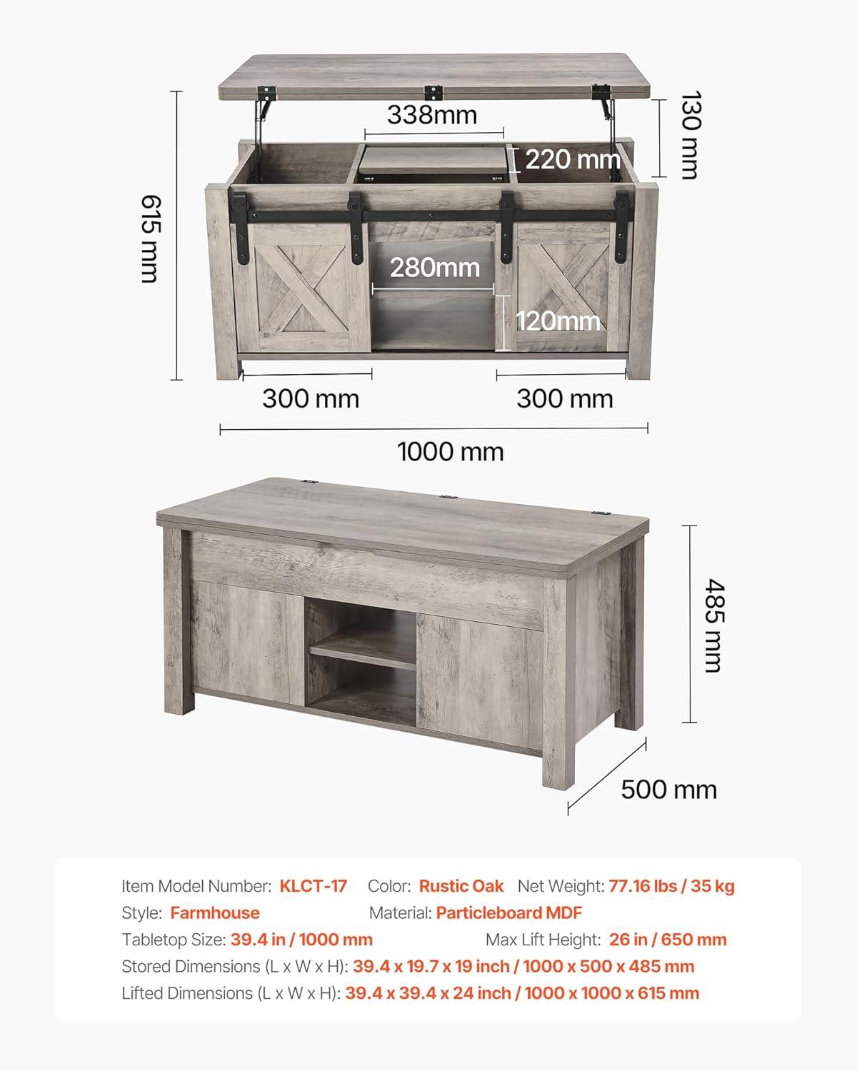 imageVEVOR 394 in Farmhouse Lift Top Coffee Table Rustic Center Table with Barn Door and Hidden Storage Compartment Modern Rectangle Lifting Tabletop for Living Room Office Home Easy Assembly BrownOak Grey