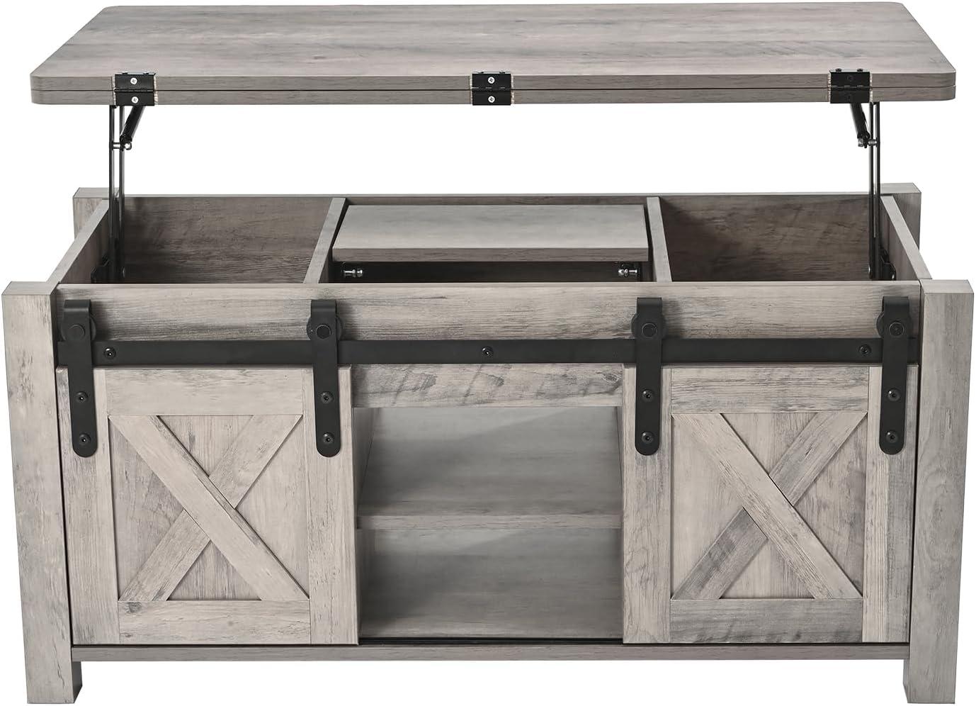 imageVEVOR 394 in Farmhouse Lift Top Coffee Table Rustic Center Table with Barn Door and Hidden Storage Compartment Modern Rectangle Lifting Tabletop for Living Room Office Home Easy Assembly BrownOak Grey
