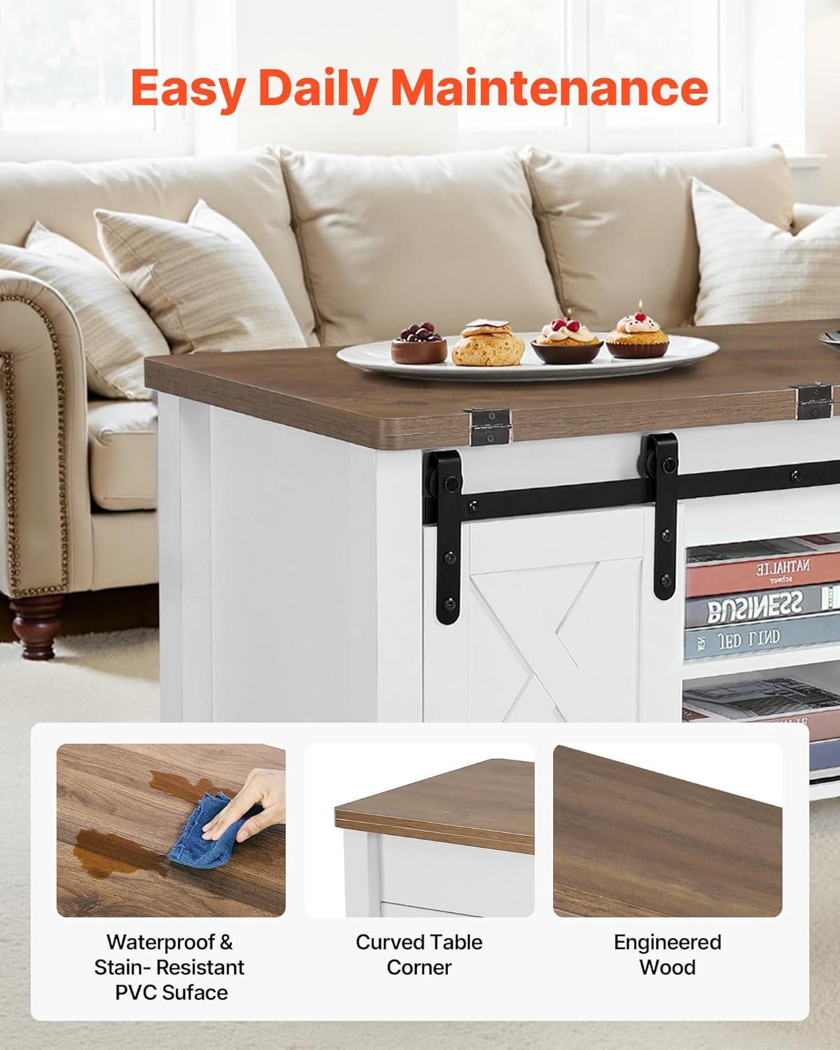 imageVEVOR 394 in Farmhouse Lift Top Coffee Table Rustic Center Table with Barn Door and Hidden Storage Compartment Modern Rectangle Lifting Tabletop for Living Room Office Home Easy Assembly BrownWhite Rustic Brown