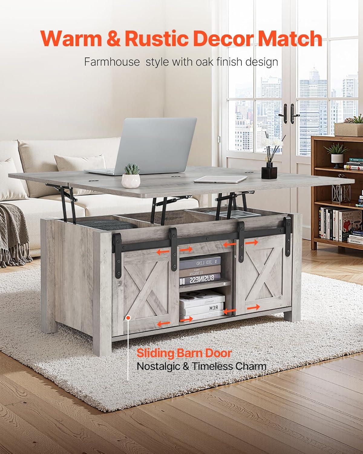 imageVEVOR 394 in Farmhouse Lift Top Coffee Table Rustic Center Table with Barn Door and Hidden Storage Compartment Modern Rectangle Lifting Tabletop for Living Room Office Home Easy Assembly BrownOak Grey