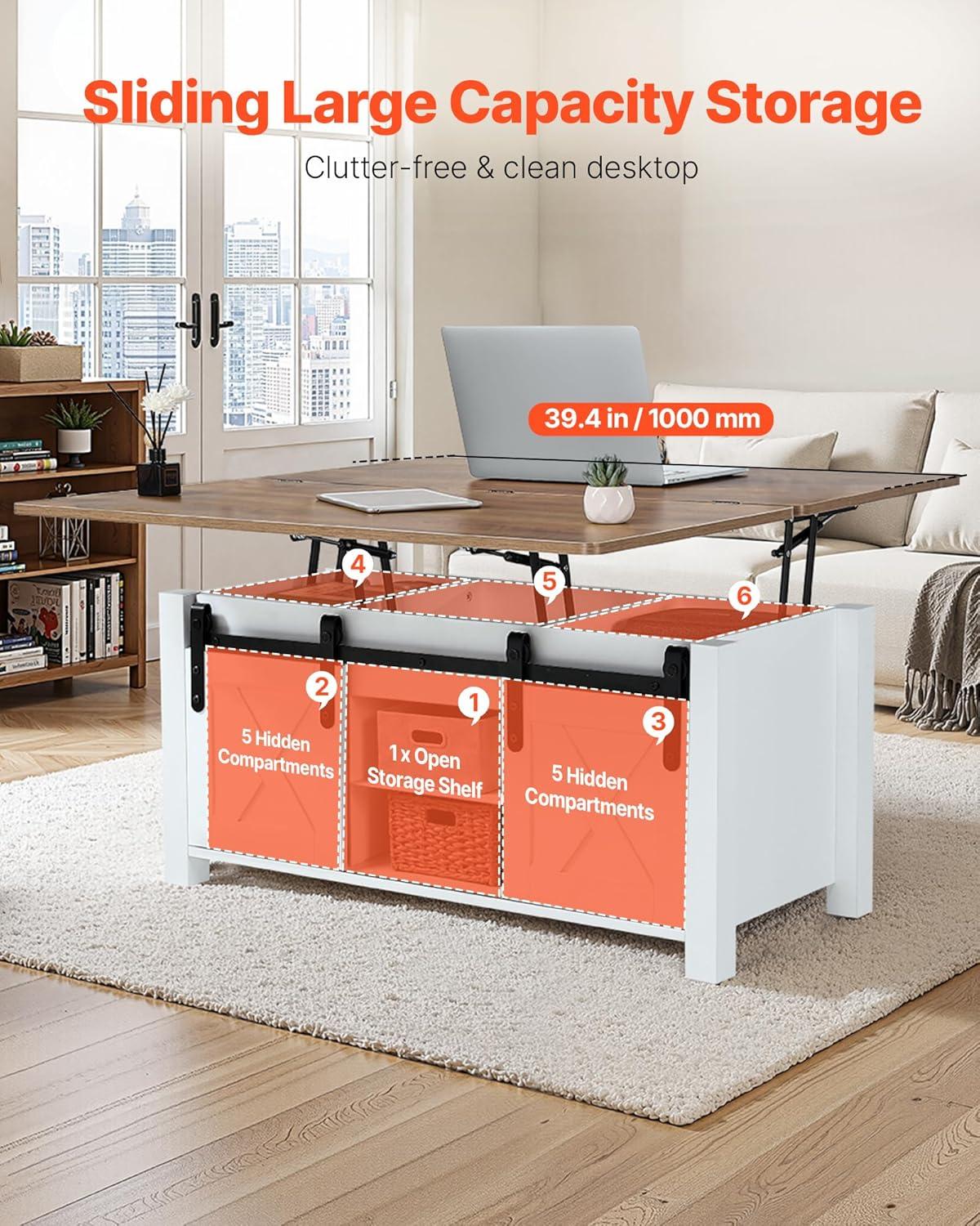 imageVEVOR 394 in Farmhouse Lift Top Coffee Table Rustic Center Table with Barn Door and Hidden Storage Compartment Modern Rectangle Lifting Tabletop for Living Room Office Home Easy Assembly BrownWhite Rustic Brown