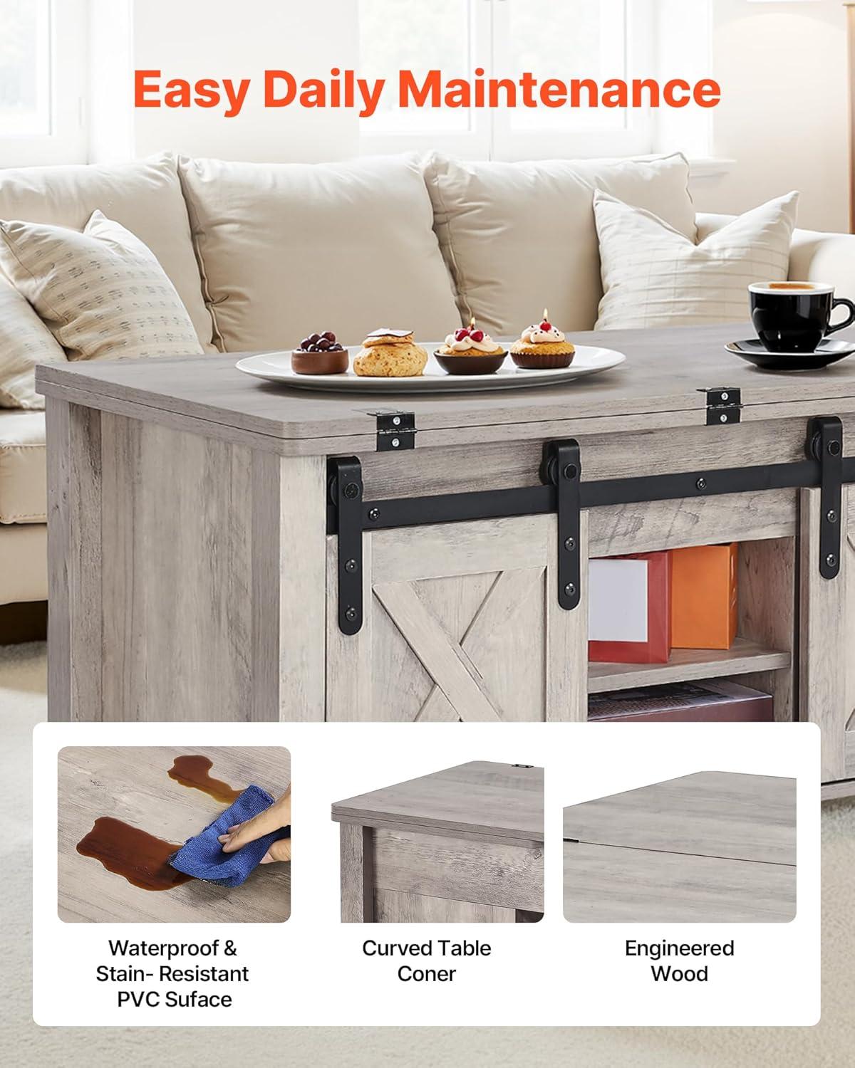 imageVEVOR 394 in Farmhouse Lift Top Coffee Table Rustic Center Table with Barn Door and Hidden Storage Compartment Modern Rectangle Lifting Tabletop for Living Room Office Home Easy Assembly BrownOak Grey