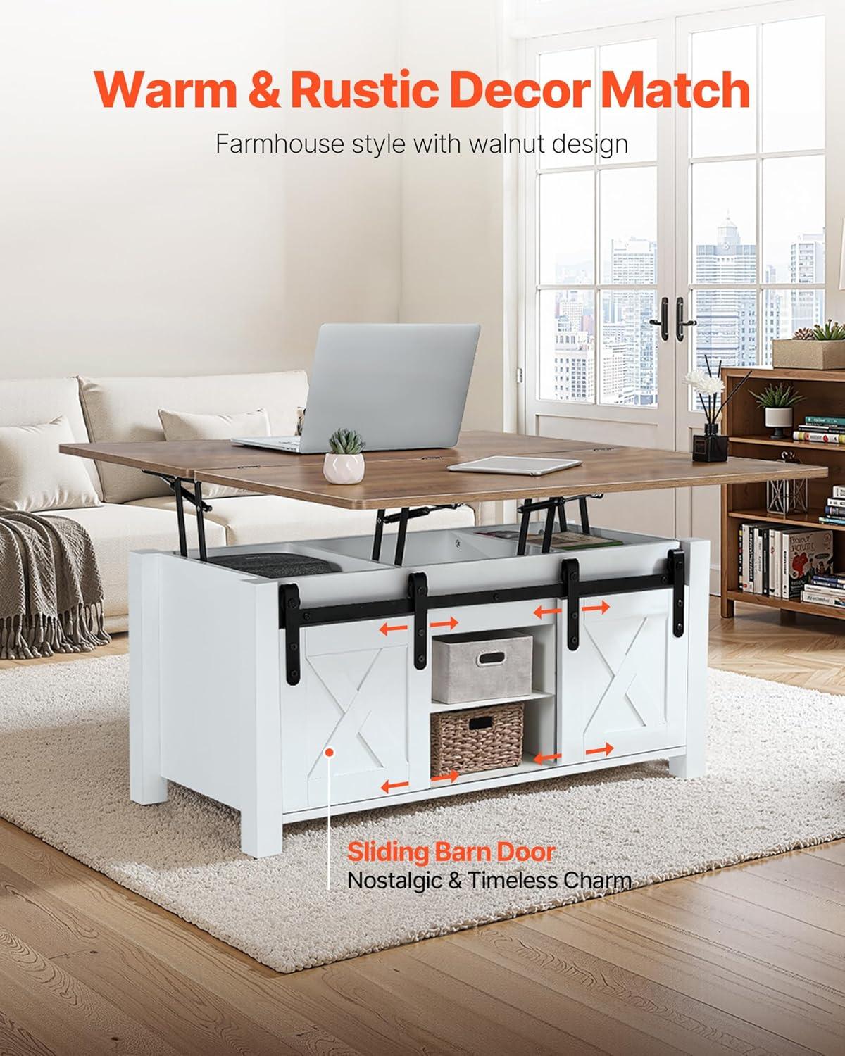 imageVEVOR 394 in Farmhouse Lift Top Coffee Table Rustic Center Table with Barn Door and Hidden Storage Compartment Modern Rectangle Lifting Tabletop for Living Room Office Home Easy Assembly BrownWhite Rustic Brown