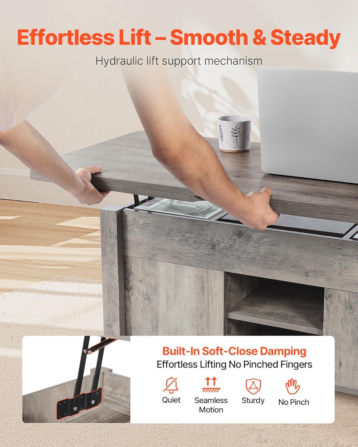 imageVEVOR 394 in Farmhouse Lift Top Coffee Table Rustic Center Table with Barn Door and Hidden Storage Compartment Modern Rectangle Lifting Tabletop for Living Room Office Home Easy Assembly BrownOak Grey