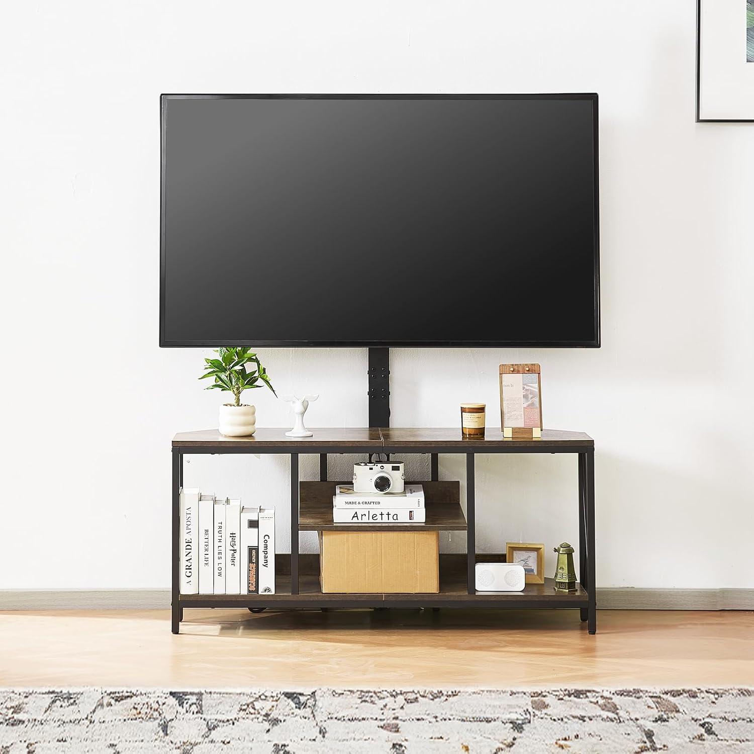 imageVEVOR 45quot TV Stand with Mount for up to 75 in TVs Entertainment Center with Power Outlet ampamp LED Lights Height Adjustable TV Console with Mount with 3 Tiers Storage Cabinets for Bedroom Living Room