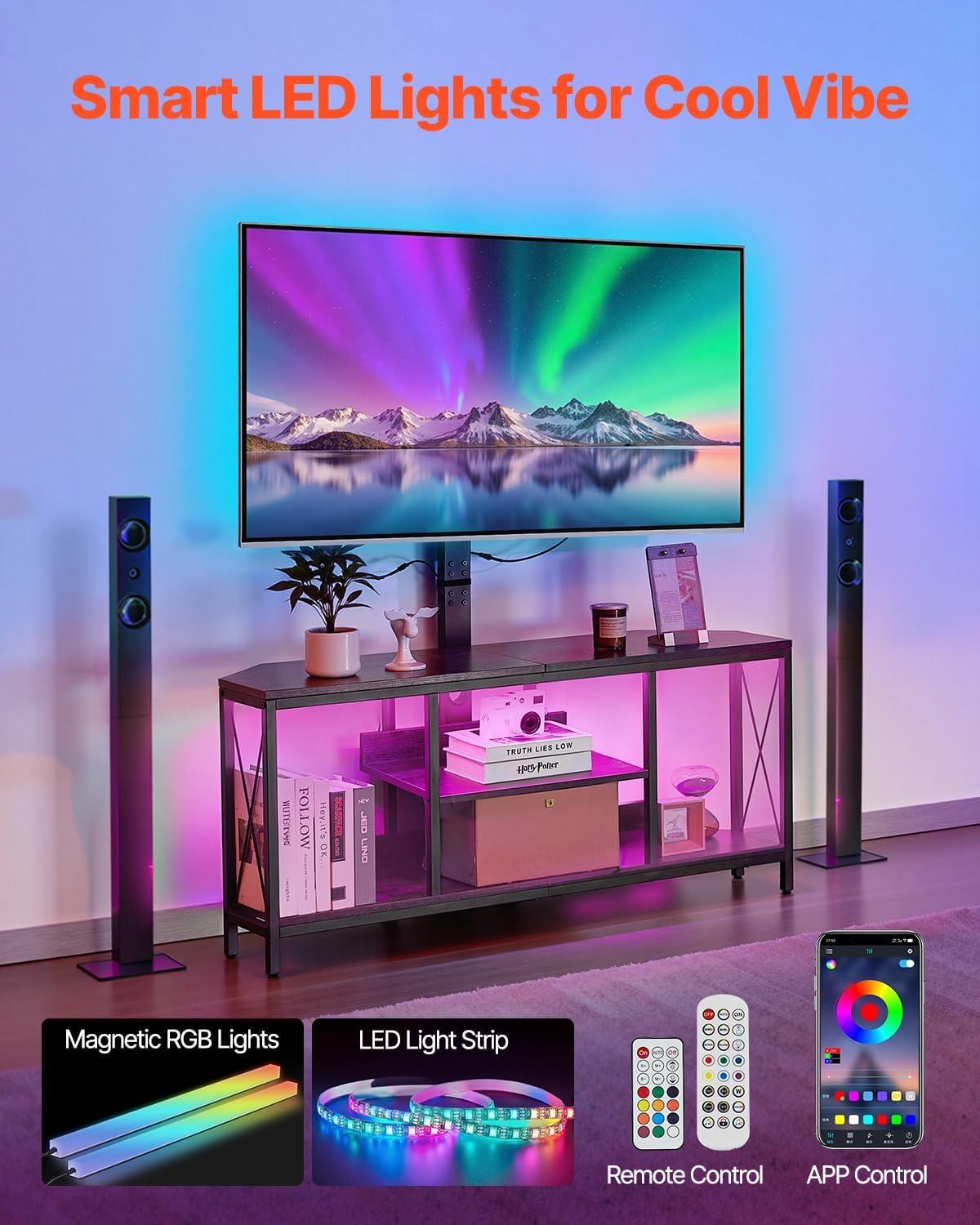 imageVEVOR 45quot TV Stand with Mount for up to 75 in TVs Entertainment Center with Power Outlet ampamp LED Lights Height Adjustable TV Console with Mount with 3 Tiers Storage Cabinets for Bedroom Living Room