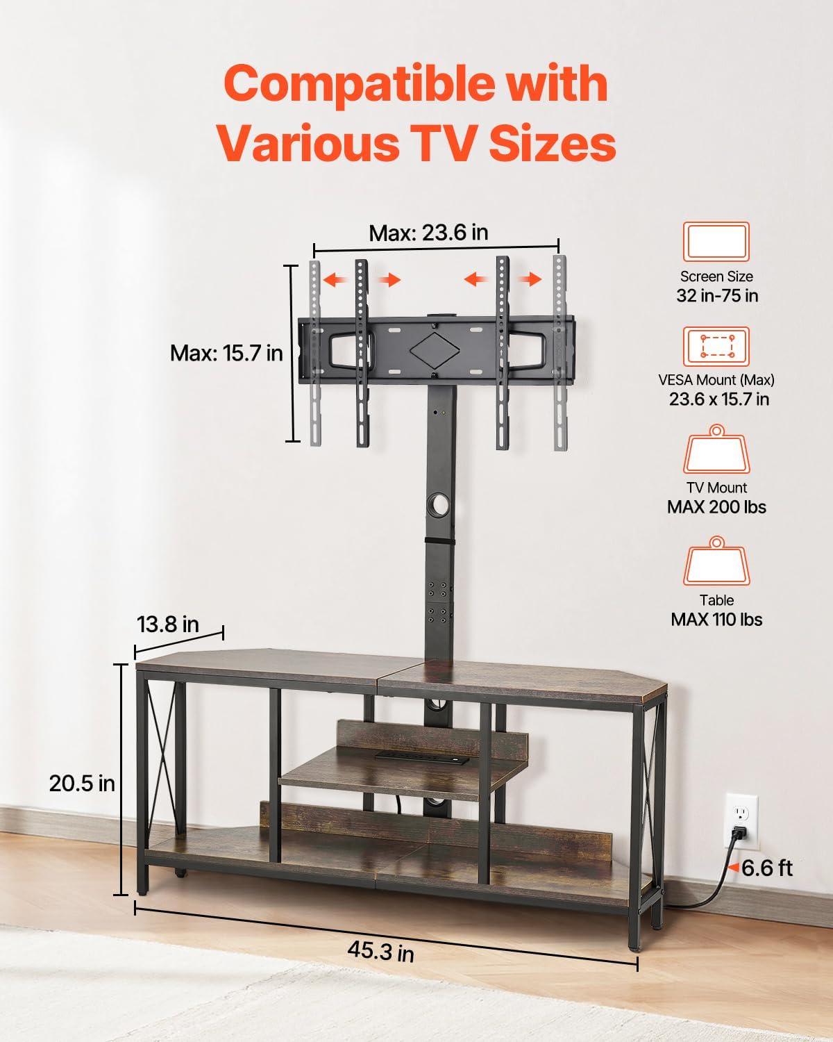 imageVEVOR 45quot TV Stand with Mount for up to 75 in TVs Entertainment Center with Power Outlet ampamp LED Lights Height Adjustable TV Console with Mount with 3 Tiers Storage Cabinets for Bedroom Living Room