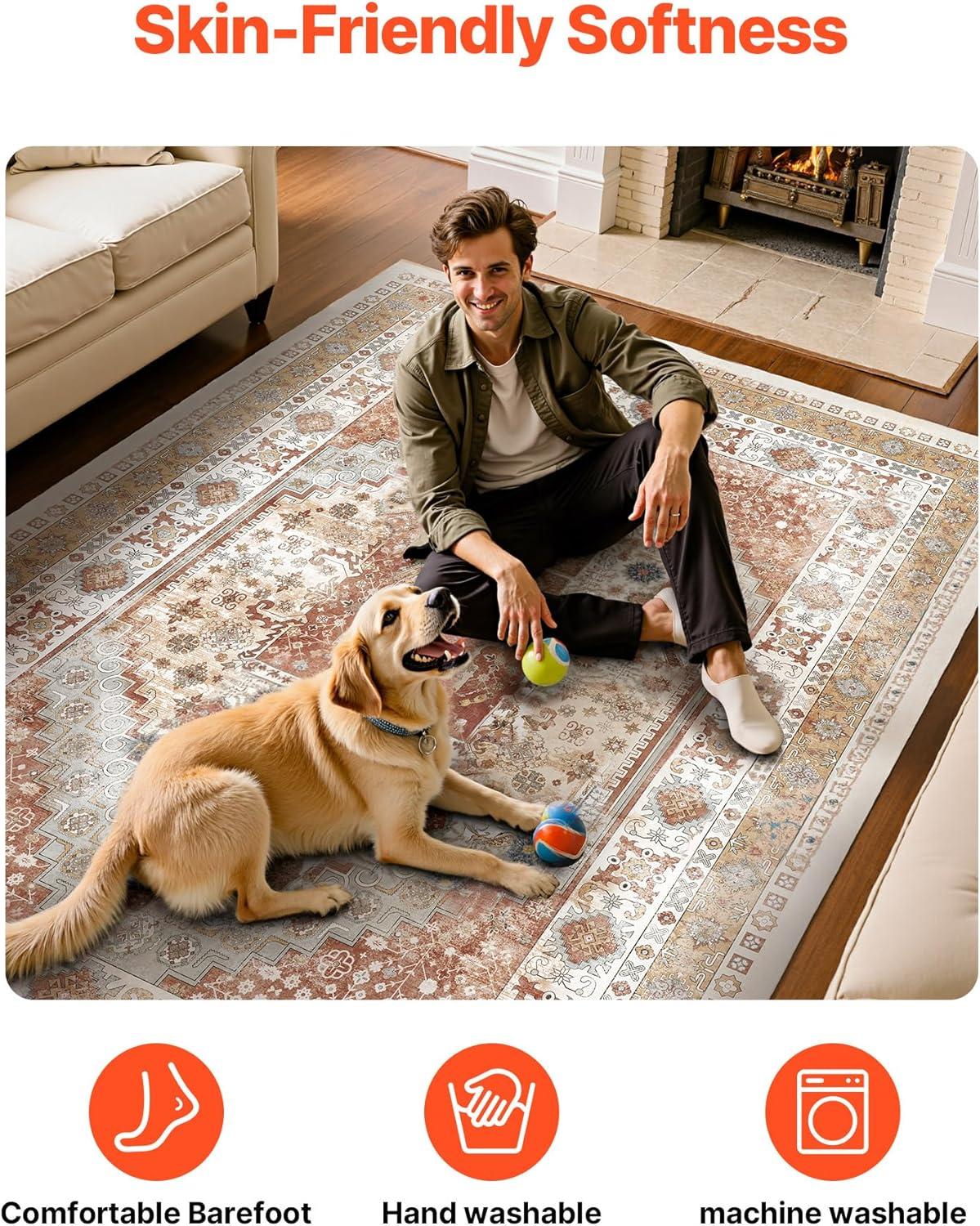imageVEVOR 6 x 9 ft Area Rug Large Washable Boho Rug NonSlip and TearResistant Soft Carpet Pet ampamp Child Friendly Bohemian Area Rugs Indoor Mat for Bedroom Living Room Kids Room Entryway GrayBrown Red