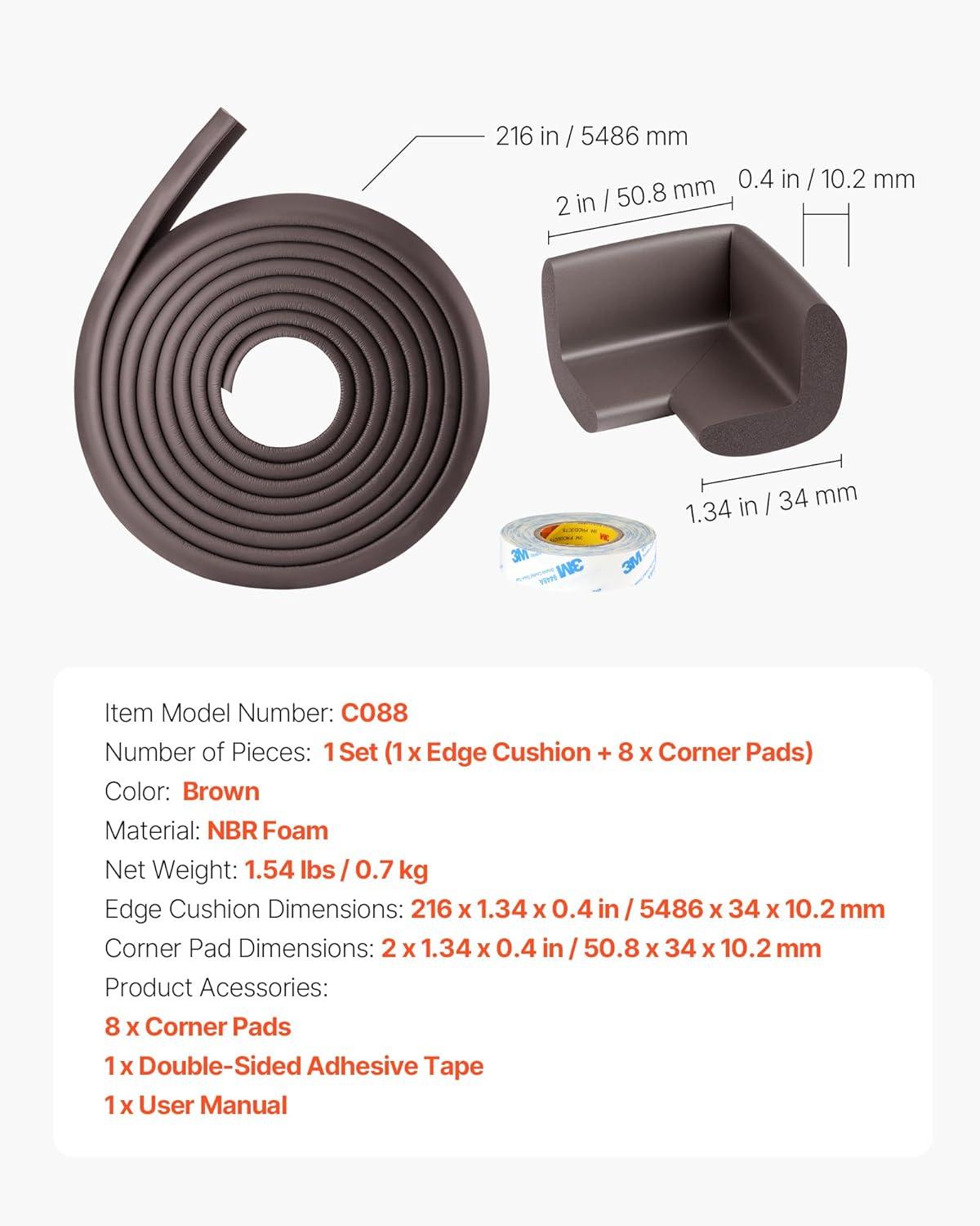 imageVEVOR Baby Proofing Edge Corner Protector 18 ft Edge Cushion 8 Corner Pads Soft NBR Foam 3M Adhesive Child Proof Table Safety Bumper Guards Easy Installation for Furniture Fireplace Protection
