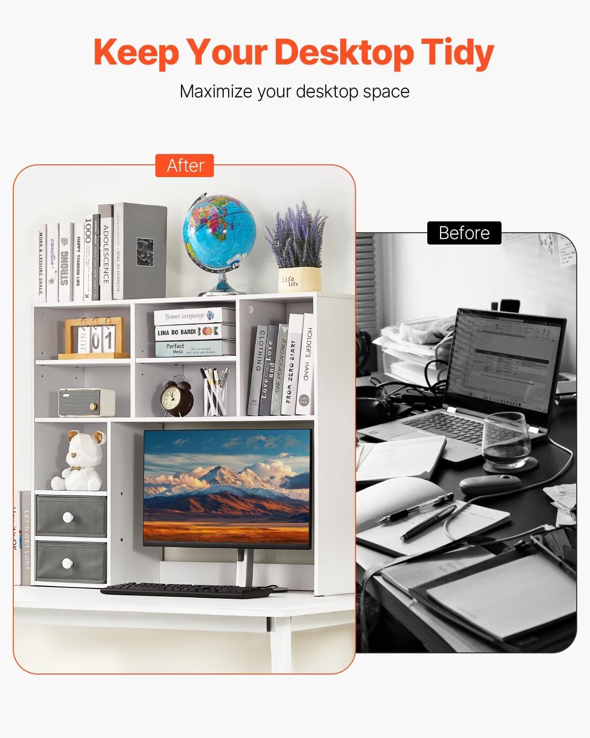 imageVEVOR Desktop Bookshelf Storage Organizer with 5 Shelves for Computer Desk Wooden Shelf Desk Hutch with AntiSlip Feet Pads Desk Top Display Rack for Office Home ampamp Dorm WhiteWhite