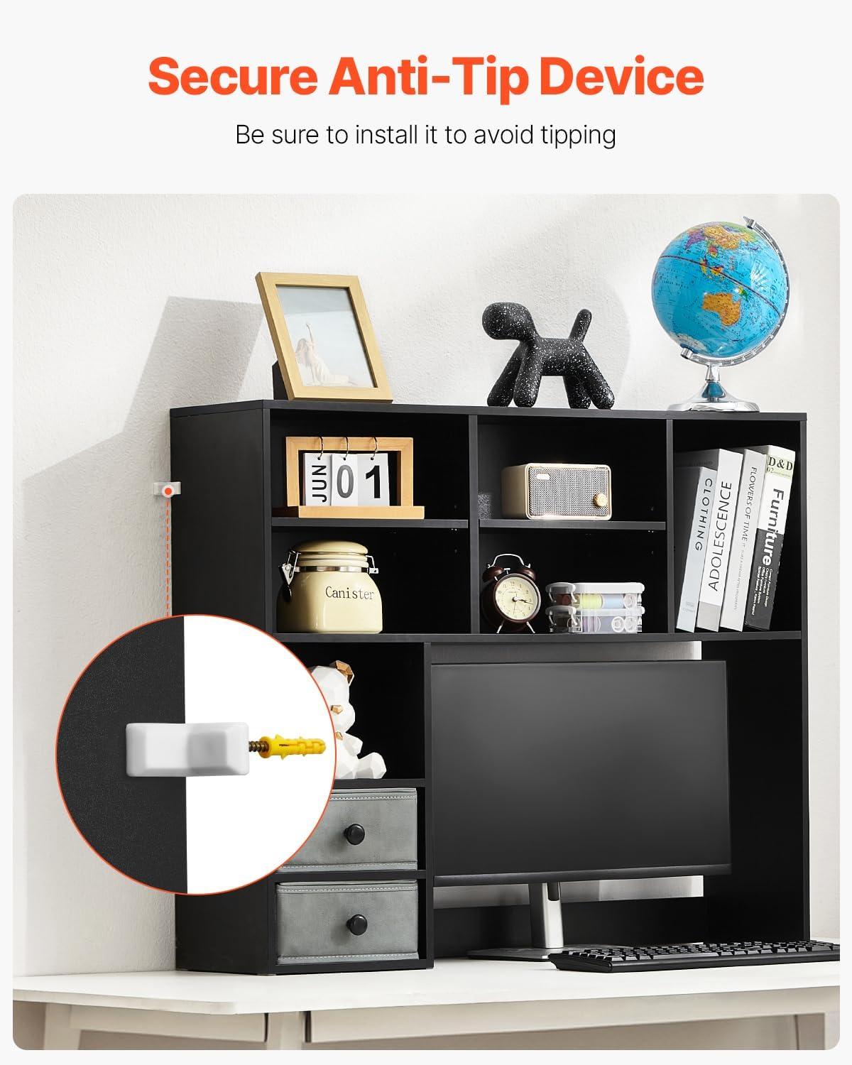 imageVEVOR Desktop Bookshelf Storage Organizer with 5 Shelves for Computer Desk Wooden Shelf Desk Hutch with AntiSlip Feet Pads Desk Top Display Rack for Office Home ampamp Dorm WhiteBlack