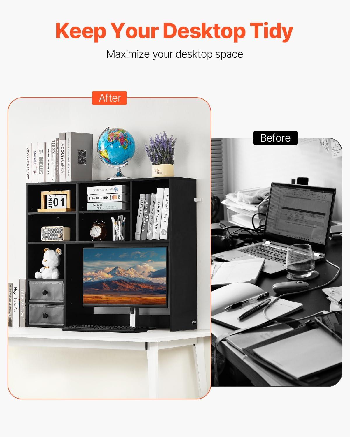 imageVEVOR Desktop Bookshelf Storage Organizer with 5 Shelves for Computer Desk Wooden Shelf Desk Hutch with AntiSlip Feet Pads Desk Top Display Rack for Office Home ampamp Dorm WhiteBlack