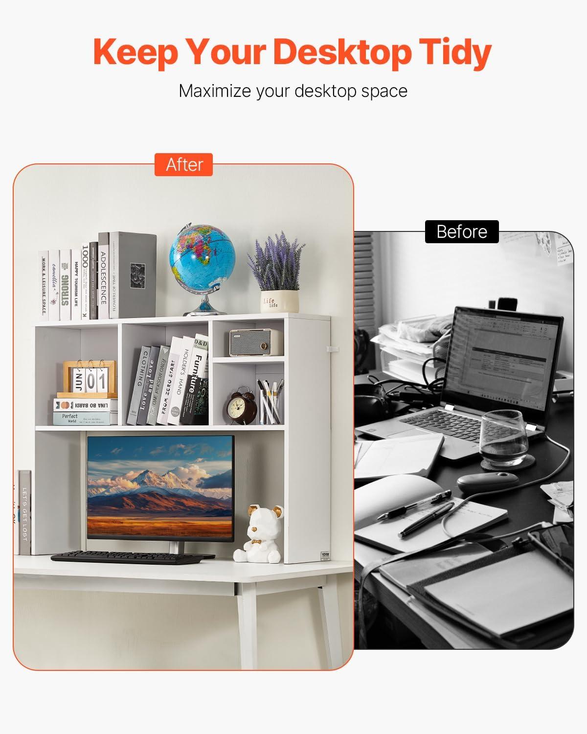 imageVEVOR Desktop Bookshelf Storage Organizer with 5 Shelves for Computer Desk Wooden Shelf Desk Hutch with AntiSlip Feet Pads Desk Top Display Rack for Office Home ampamp Dorm WhiteWhite