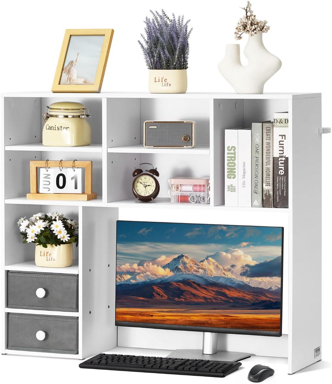 imageVEVOR Desktop Bookshelf Storage Organizer with 5 Shelves for Computer Desk Wooden Shelf Desk Hutch with AntiSlip Feet Pads Desk Top Display Rack for Office Home ampamp Dorm WhiteWhite