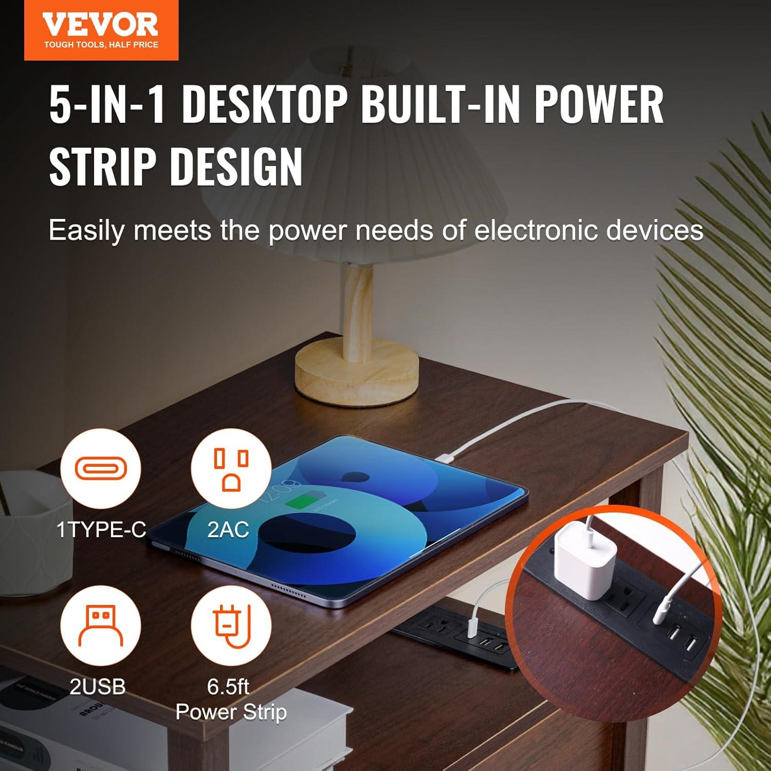 imageVEVOR Farmhouse End Table Narrow Night Stand with USB Ports and Outlets 4 Tiers End Table Side Table with Storage Cabinet and 2 Drawers Ideal for Living Room Bedroom Office Brown