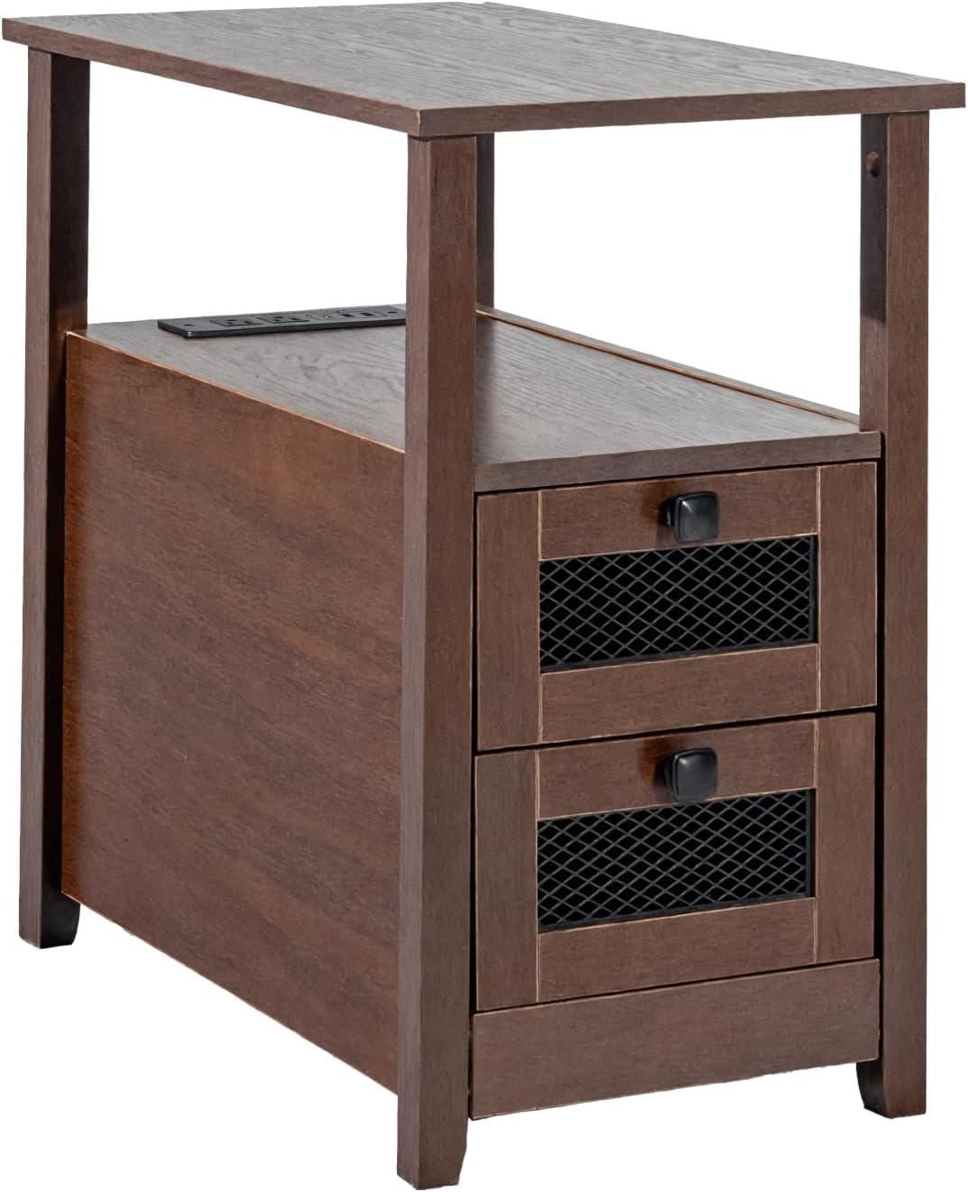 imageVEVOR Farmhouse End Table Narrow Night Stand with USB Ports and Outlets 4 Tiers End Table Side Table with Storage Cabinet and 2 Drawers Ideal for Living Room Bedroom Office Brown
