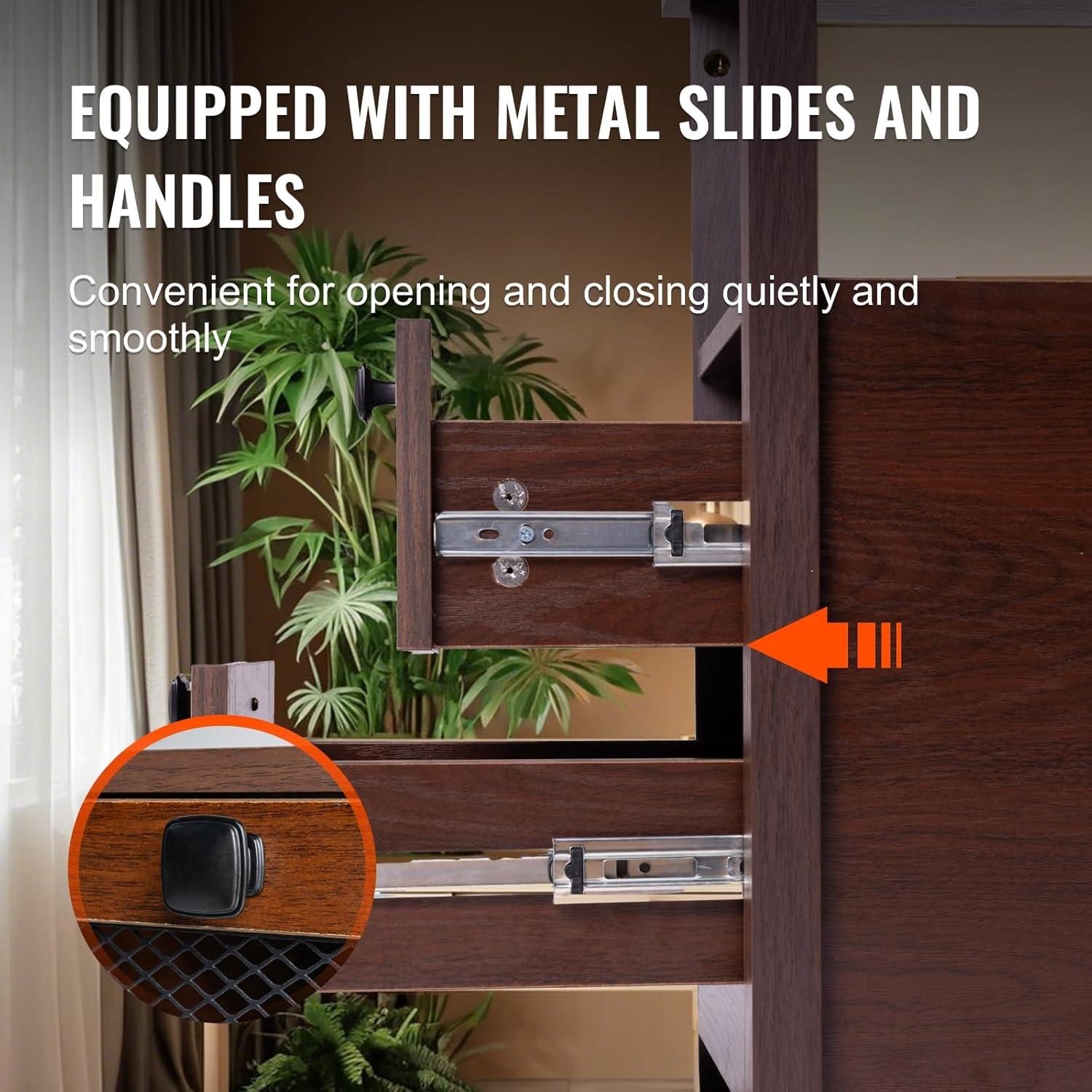 imageVEVOR Farmhouse End Table Narrow Night Stand with USB Ports and Outlets 4 Tiers End Table Side Table with Storage Cabinet and 2 Drawers Ideal for Living Room Bedroom Office Brown