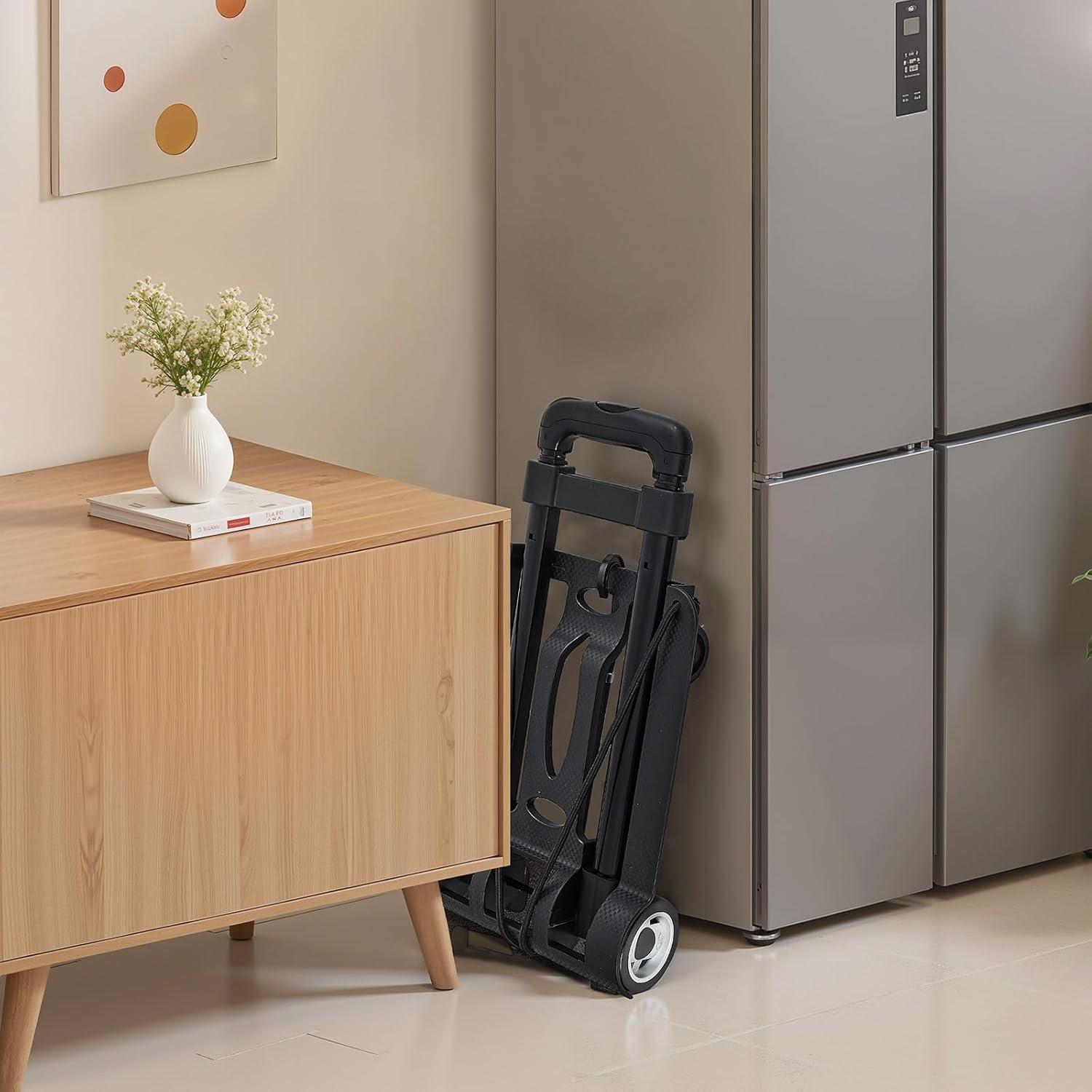 imageVEVOR Folding Hand Truck 110 lbs Load Capacity Collapsible Luggage Cart with 2 Wheels ampamp 1 Elastic Rope Utility Dolly Platform Cart for Airport Travel Furniture Luggage Office Moving Black110 lbs