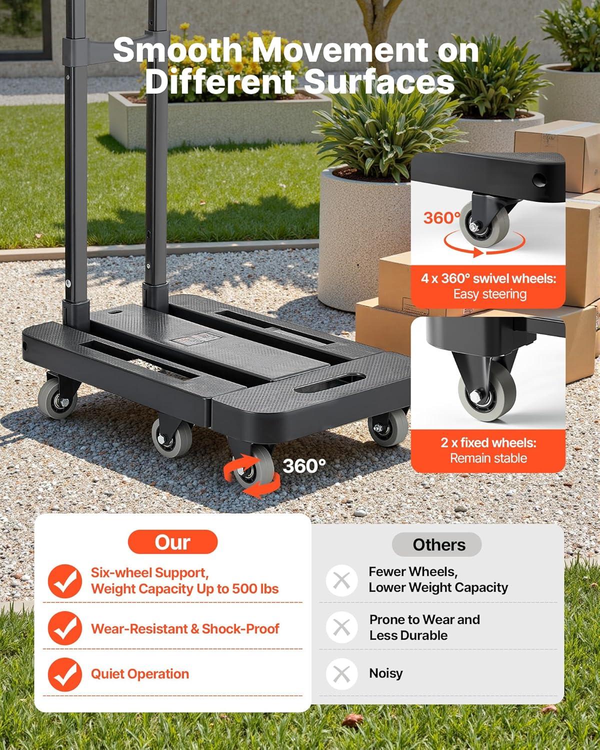 imageVEVOR Folding Hand Truck 110 lbs Load Capacity Collapsible Luggage Cart with 2 Wheels ampamp 1 Elastic Rope Utility Dolly Platform Cart for Airport Travel Furniture Luggage Office Moving Black500 lbs