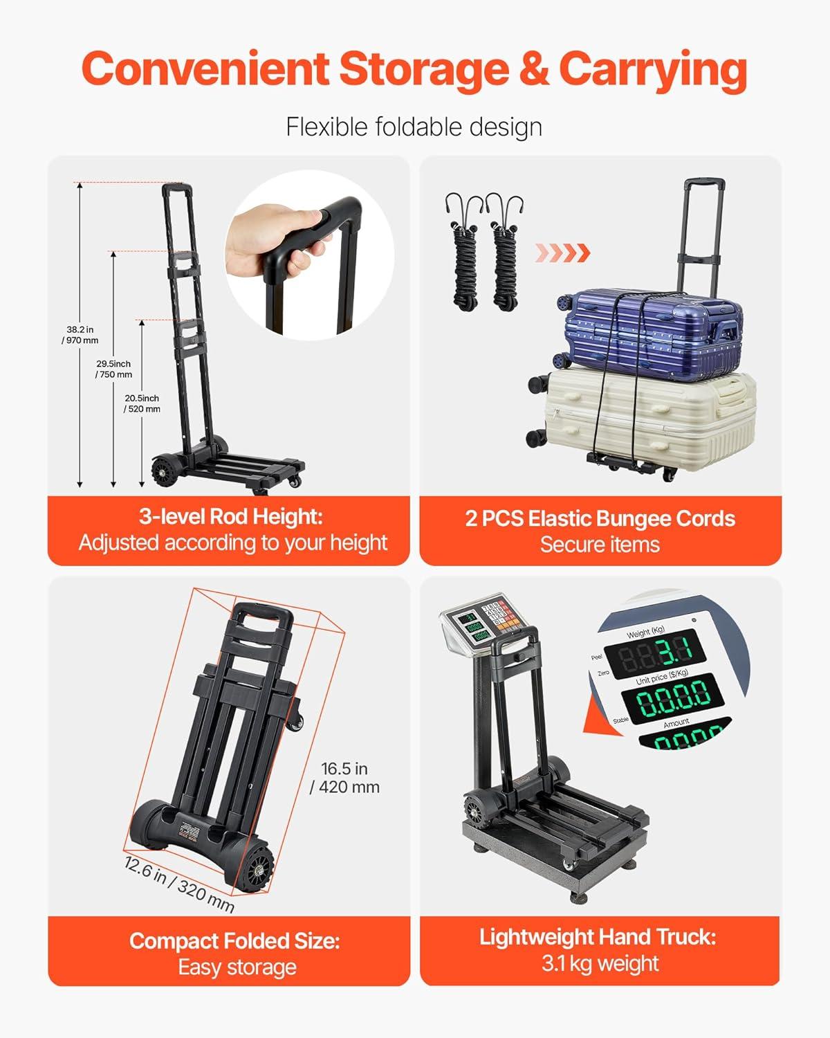 imageVEVOR Folding Hand Truck 110 lbs Load Capacity Collapsible Luggage Cart with 2 Wheels ampamp 1 Elastic Rope Utility Dolly Platform Cart for Airport Travel Furniture Luggage Office Moving Black290 lbs