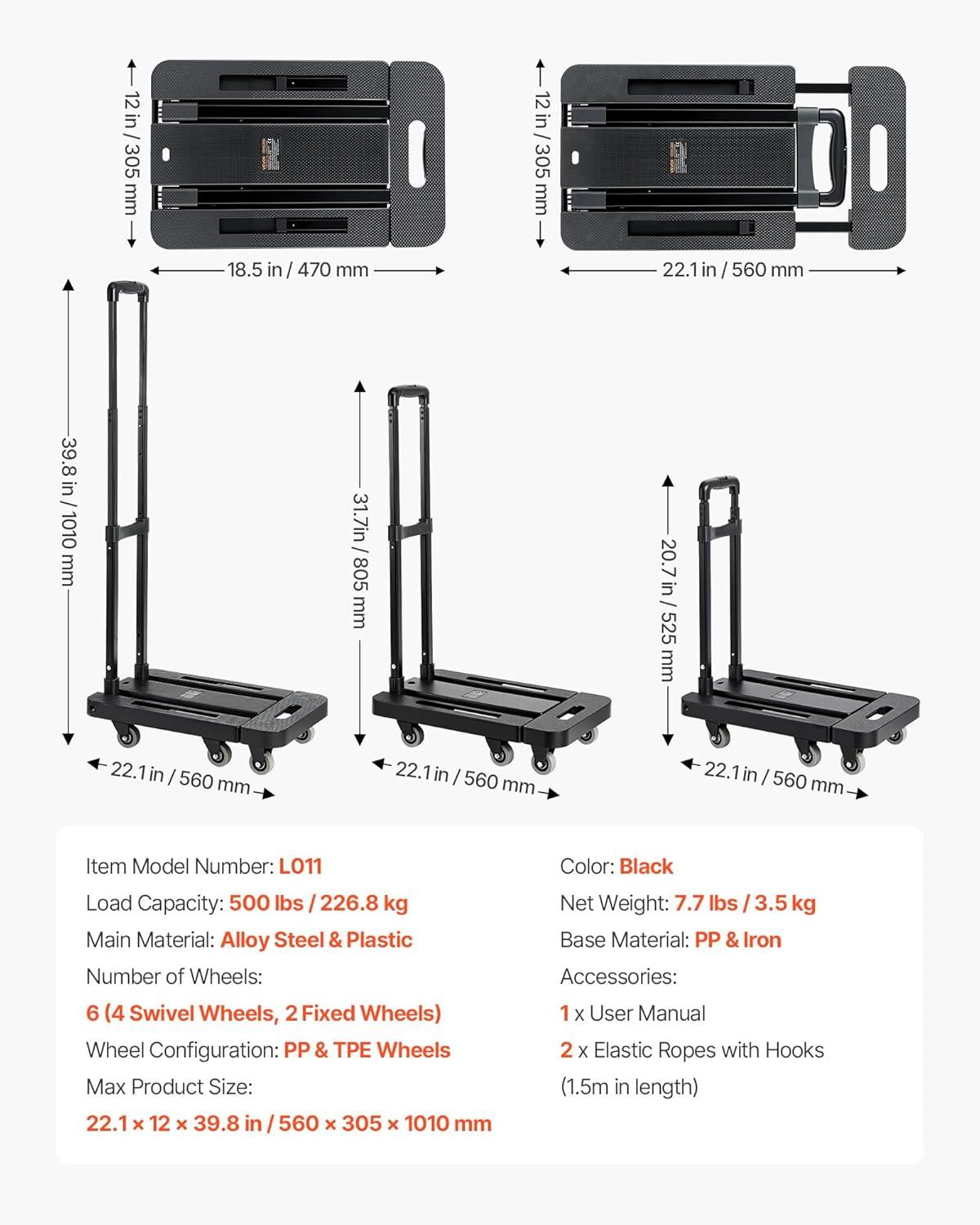 imageVEVOR Folding Hand Truck 110 lbs Load Capacity Collapsible Luggage Cart with 2 Wheels ampamp 1 Elastic Rope Utility Dolly Platform Cart for Airport Travel Furniture Luggage Office Moving Black500 lbs