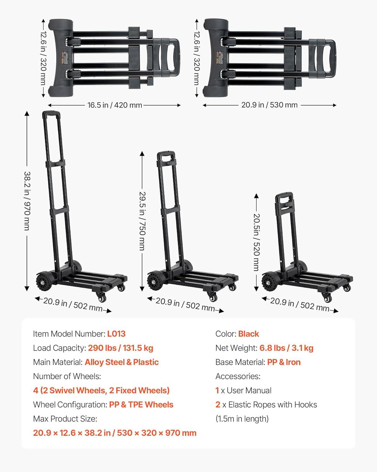 imageVEVOR Folding Hand Truck 110 lbs Load Capacity Collapsible Luggage Cart with 2 Wheels ampamp 1 Elastic Rope Utility Dolly Platform Cart for Airport Travel Furniture Luggage Office Moving Black290 lbs