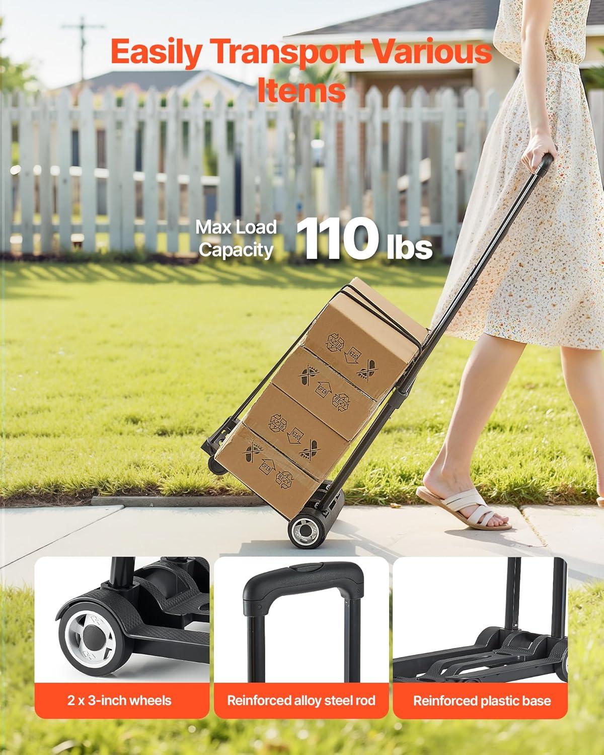 imageVEVOR Folding Hand Truck 110 lbs Load Capacity Collapsible Luggage Cart with 2 Wheels ampamp 1 Elastic Rope Utility Dolly Platform Cart for Airport Travel Furniture Luggage Office Moving Black110 lbs