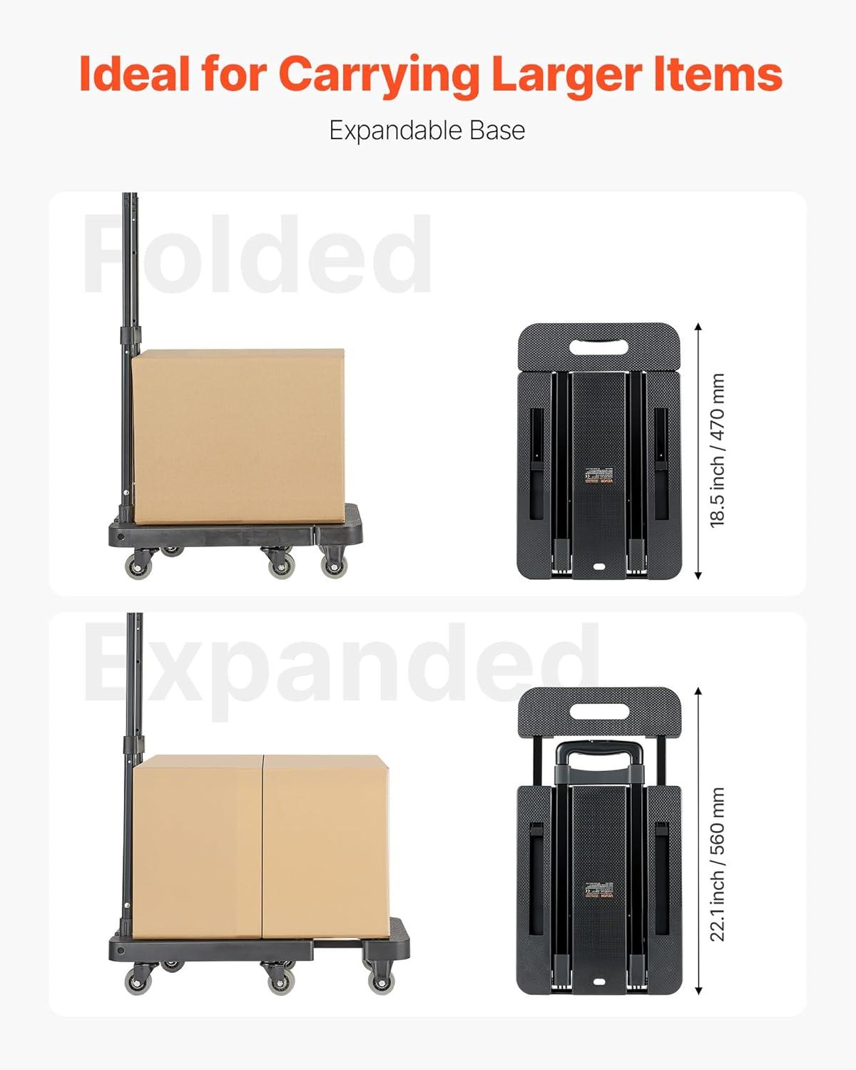 imageVEVOR Folding Hand Truck 110 lbs Load Capacity Collapsible Luggage Cart with 2 Wheels ampamp 1 Elastic Rope Utility Dolly Platform Cart for Airport Travel Furniture Luggage Office Moving Black500 lbs