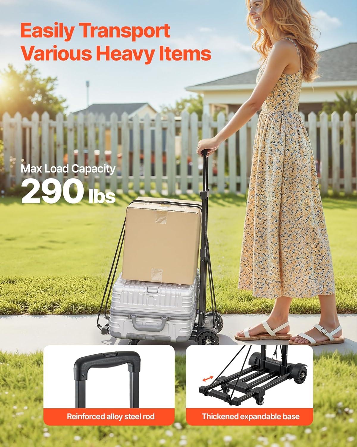 imageVEVOR Folding Hand Truck 110 lbs Load Capacity Collapsible Luggage Cart with 2 Wheels ampamp 1 Elastic Rope Utility Dolly Platform Cart for Airport Travel Furniture Luggage Office Moving Black290 lbs