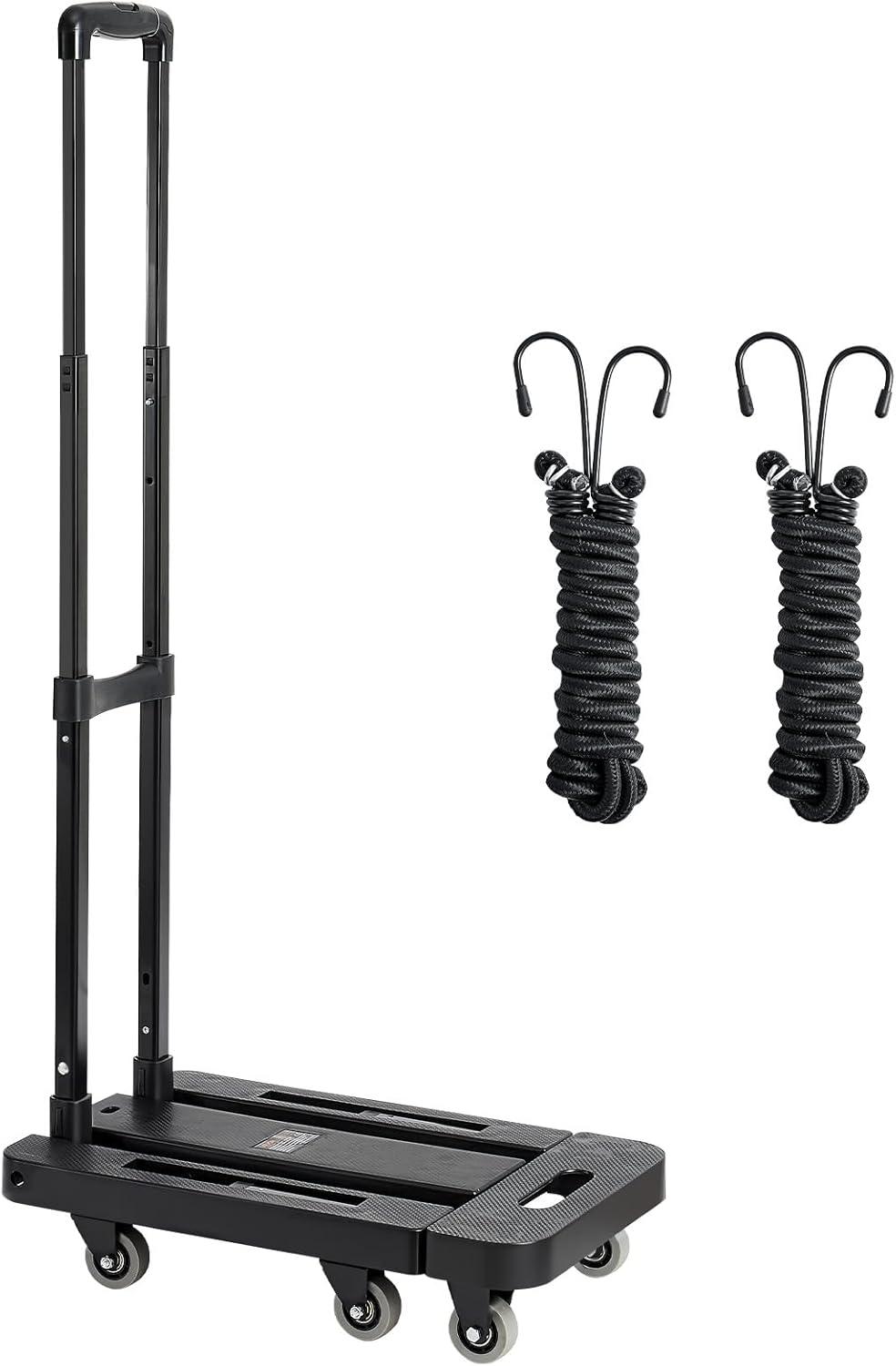 imageVEVOR Folding Hand Truck 110 lbs Load Capacity Collapsible Luggage Cart with 2 Wheels ampamp 1 Elastic Rope Utility Dolly Platform Cart for Airport Travel Furniture Luggage Office Moving Black500 lbs