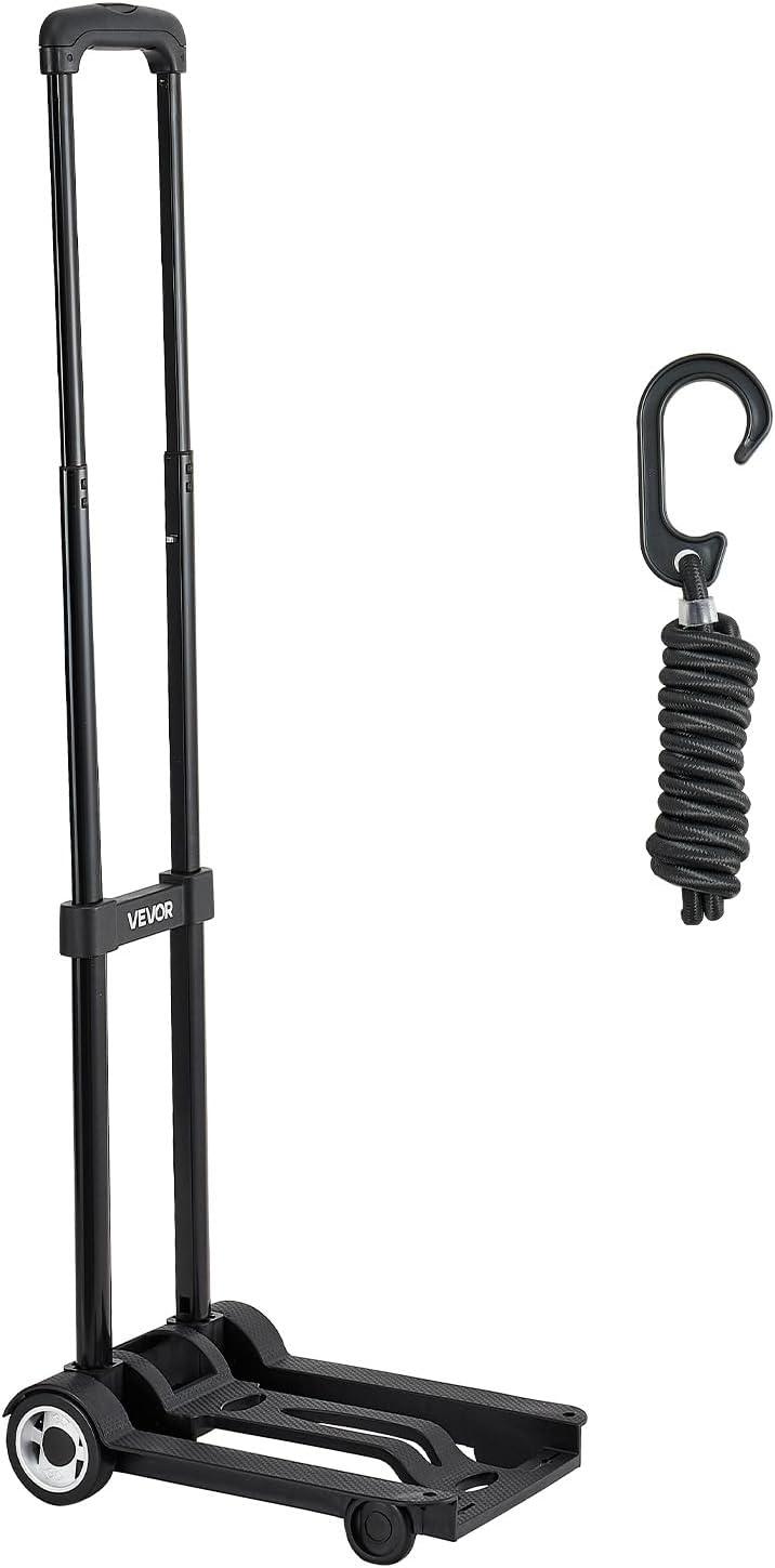 imageVEVOR Folding Hand Truck 110 lbs Load Capacity Collapsible Luggage Cart with 2 Wheels ampamp 1 Elastic Rope Utility Dolly Platform Cart for Airport Travel Furniture Luggage Office Moving Black110 lbs