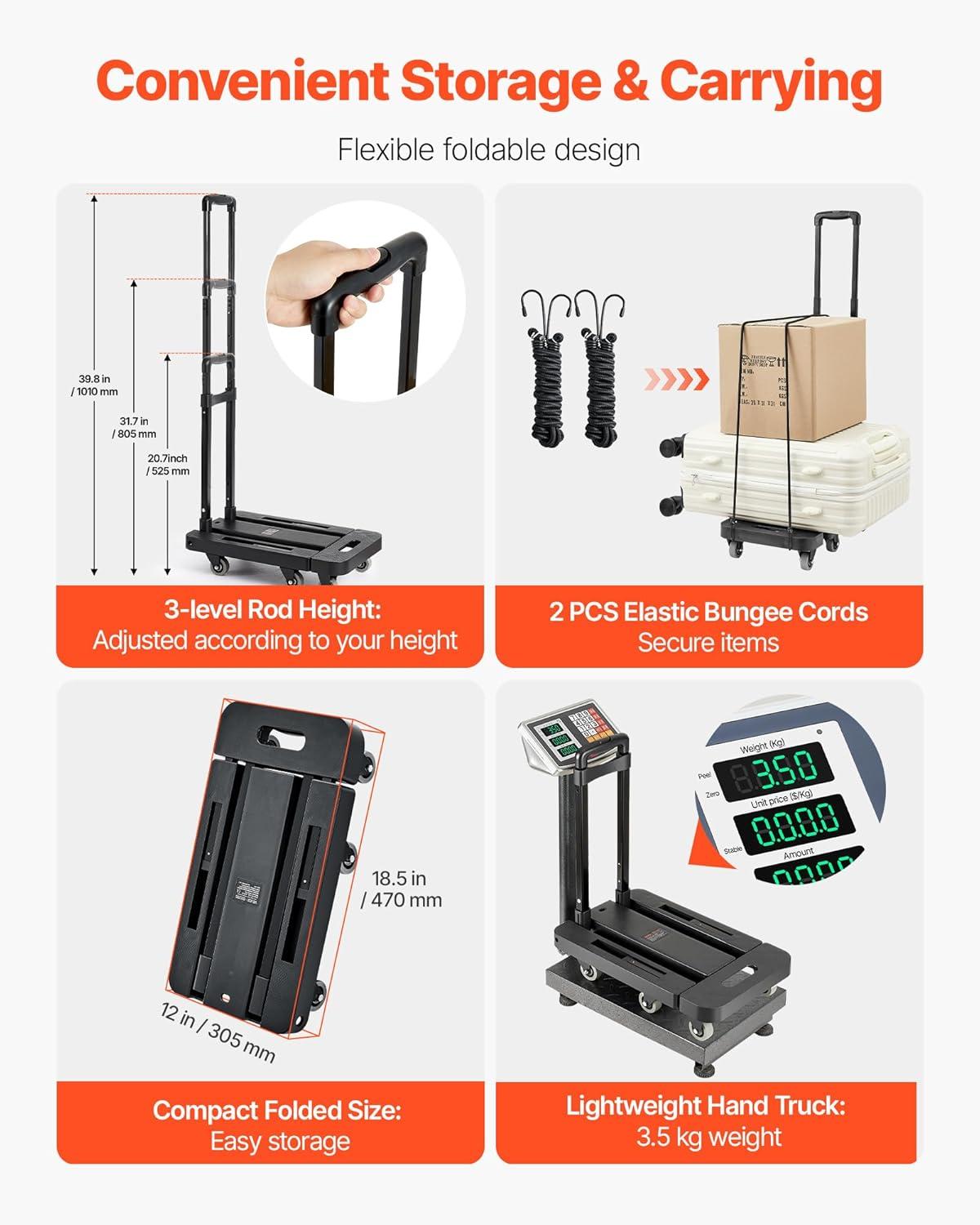 imageVEVOR Folding Hand Truck 110 lbs Load Capacity Collapsible Luggage Cart with 2 Wheels ampamp 1 Elastic Rope Utility Dolly Platform Cart for Airport Travel Furniture Luggage Office Moving Black500 lbs