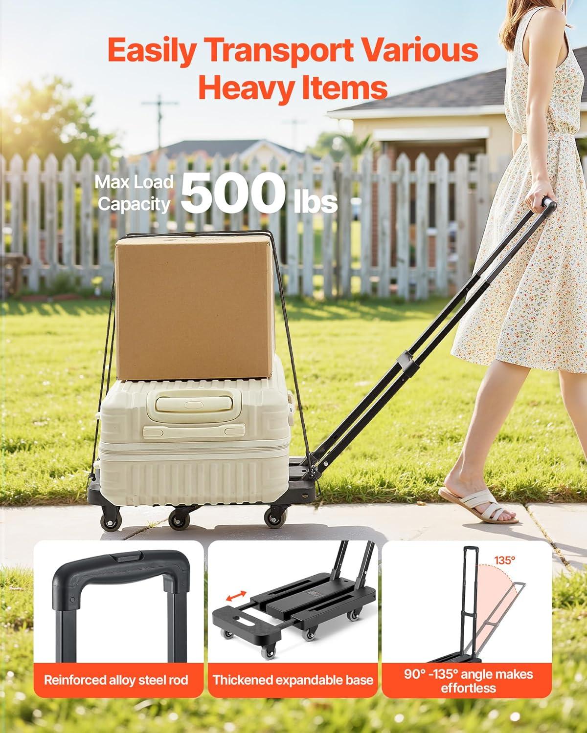 imageVEVOR Folding Hand Truck 110 lbs Load Capacity Collapsible Luggage Cart with 2 Wheels ampamp 1 Elastic Rope Utility Dolly Platform Cart for Airport Travel Furniture Luggage Office Moving Black500 lbs