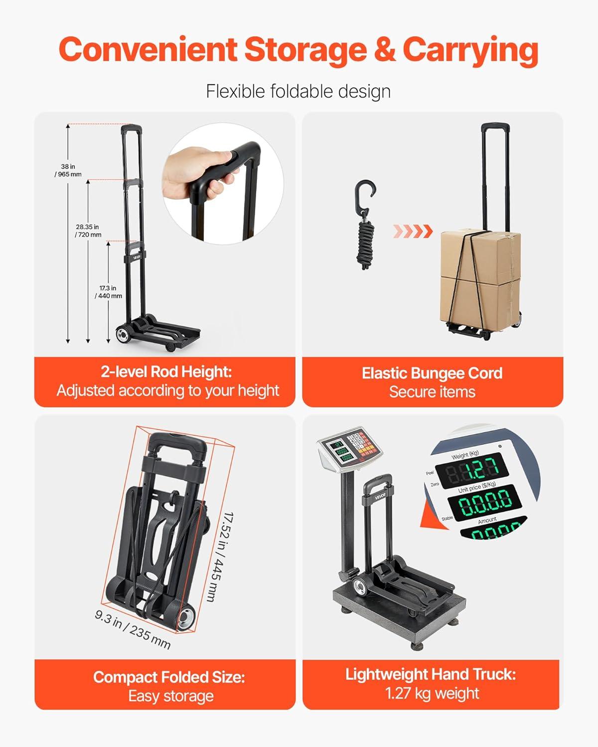 imageVEVOR Folding Hand Truck 110 lbs Load Capacity Collapsible Luggage Cart with 2 Wheels ampamp 1 Elastic Rope Utility Dolly Platform Cart for Airport Travel Furniture Luggage Office Moving Black110 lbs