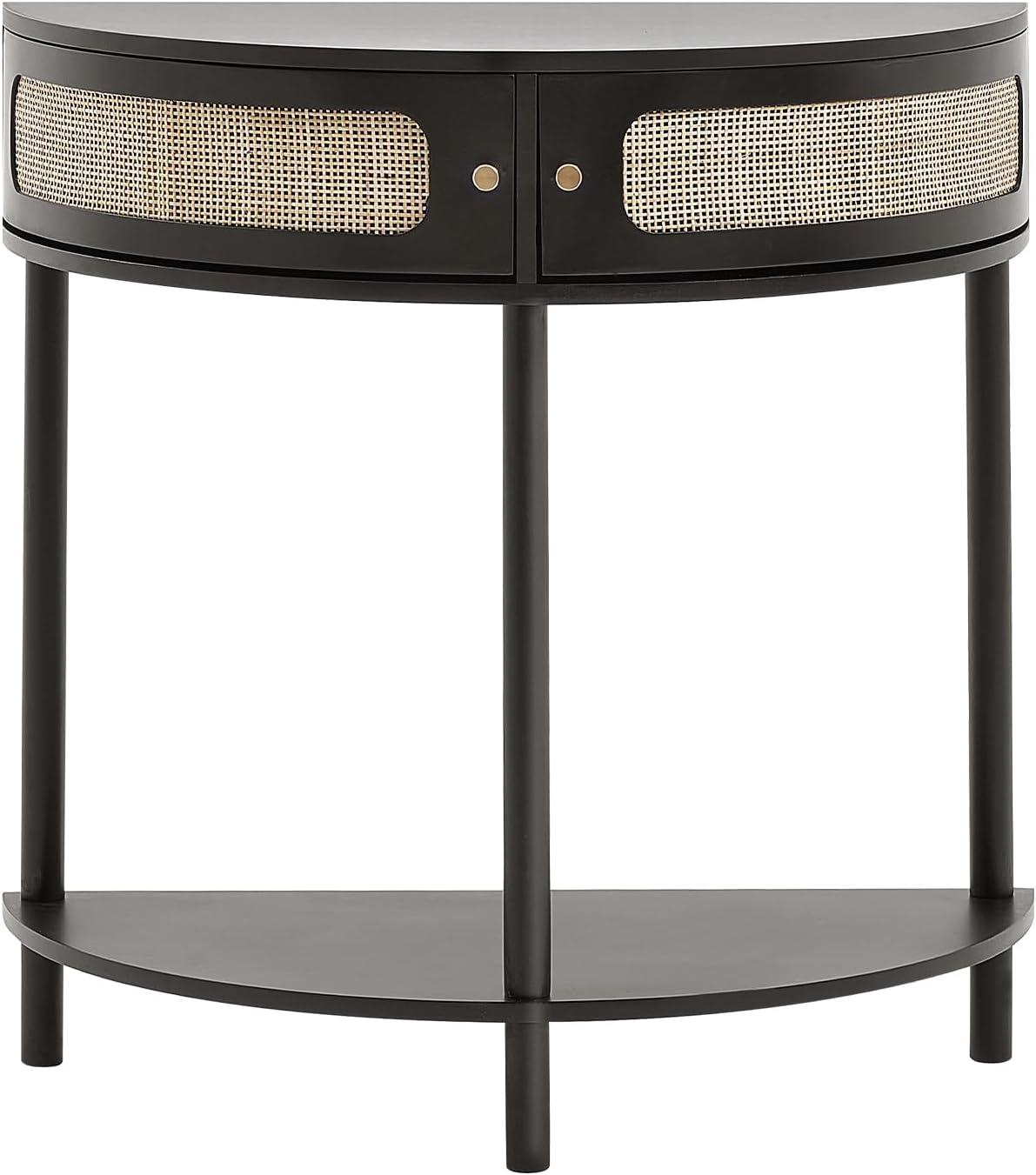 imageVEVOR HalfMoon Rattan Console Table with 2 Drawers Rattan Entryway Table with Natural Rattan Sliding Door Console Table with Storage for Living Room Study Entryway Or TV Wall Black