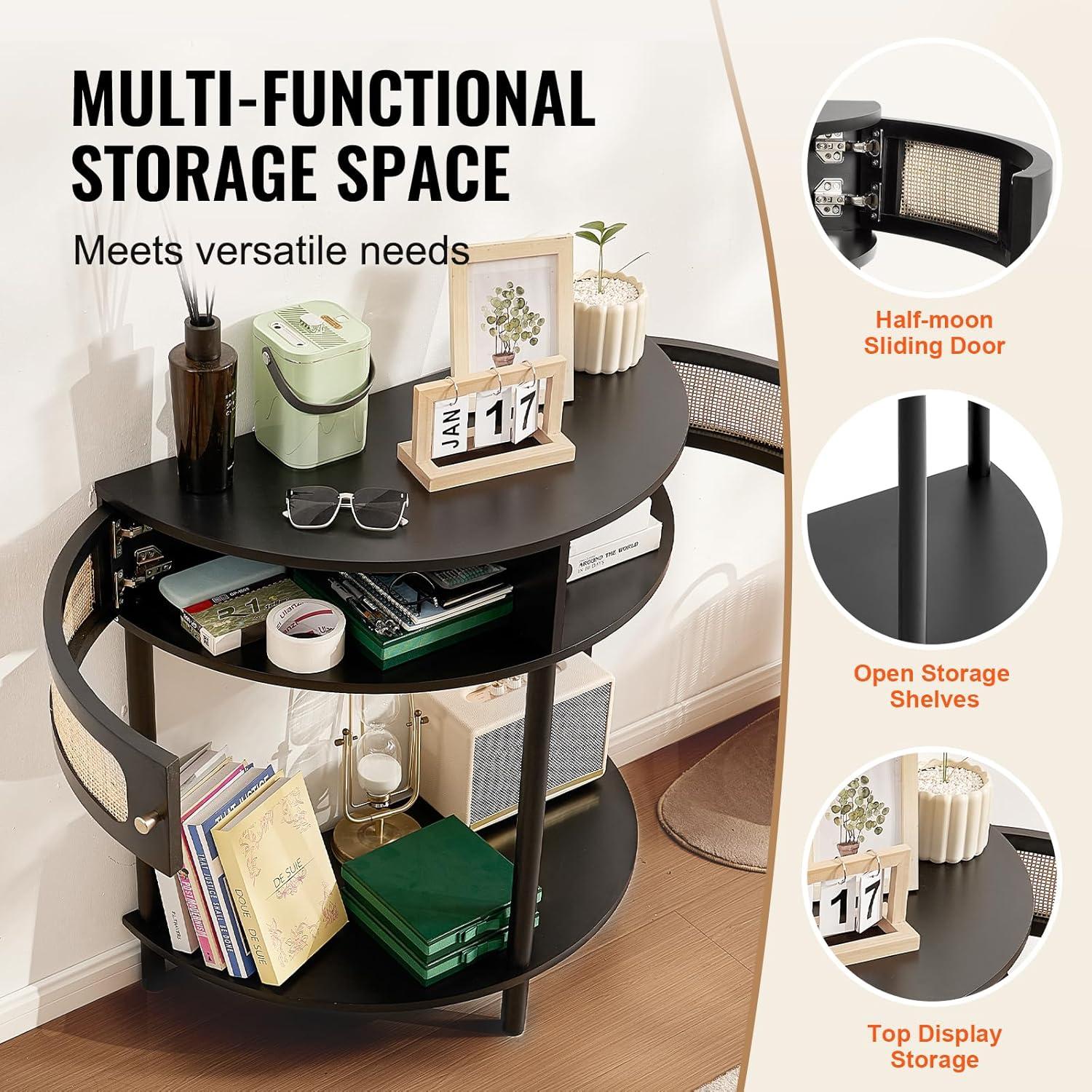 imageVEVOR HalfMoon Rattan Console Table with 2 Drawers Rattan Entryway Table with Natural Rattan Sliding Door Console Table with Storage for Living Room Study Entryway Or TV Wall Black