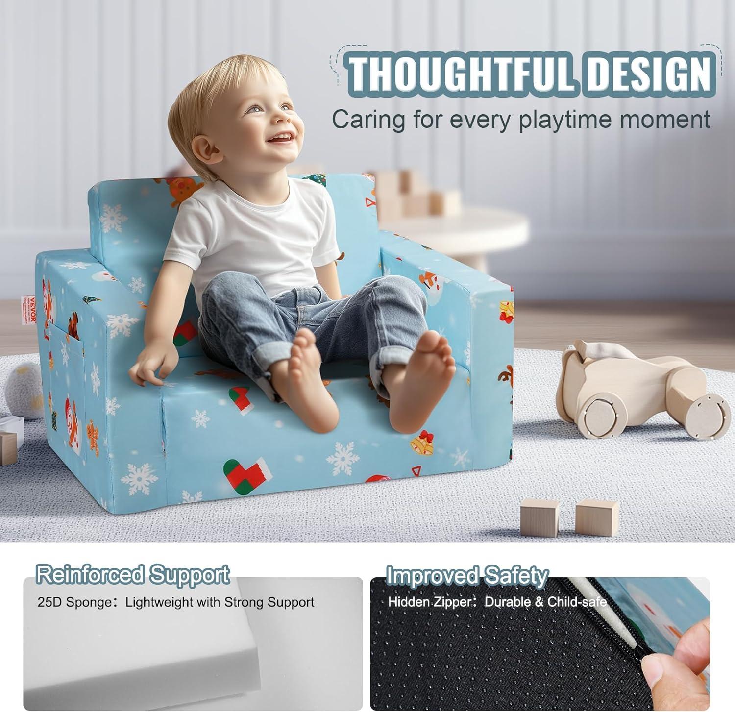 imageVEVOR Kids Couch 2in1 Toddler Chairs Comfy Toddler Couch Sofa Bed Fold Out Convertible Sofa to Lounger Kids Chair Seat Playroom Furniture for Kids Girls ampamp Boys Sky Blue