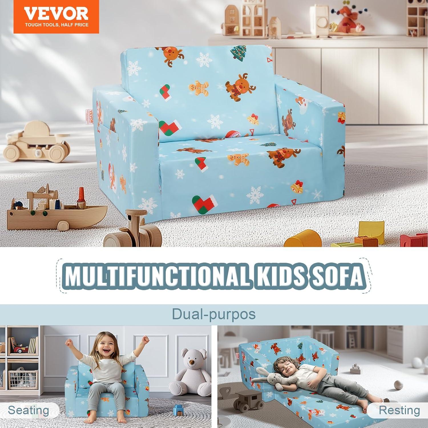imageVEVOR Kids Couch 2in1 Toddler Chairs Comfy Toddler Couch Sofa Bed Fold Out Convertible Sofa to Lounger Kids Chair Seat Playroom Furniture for Kids Girls ampamp Boys Sky Blue