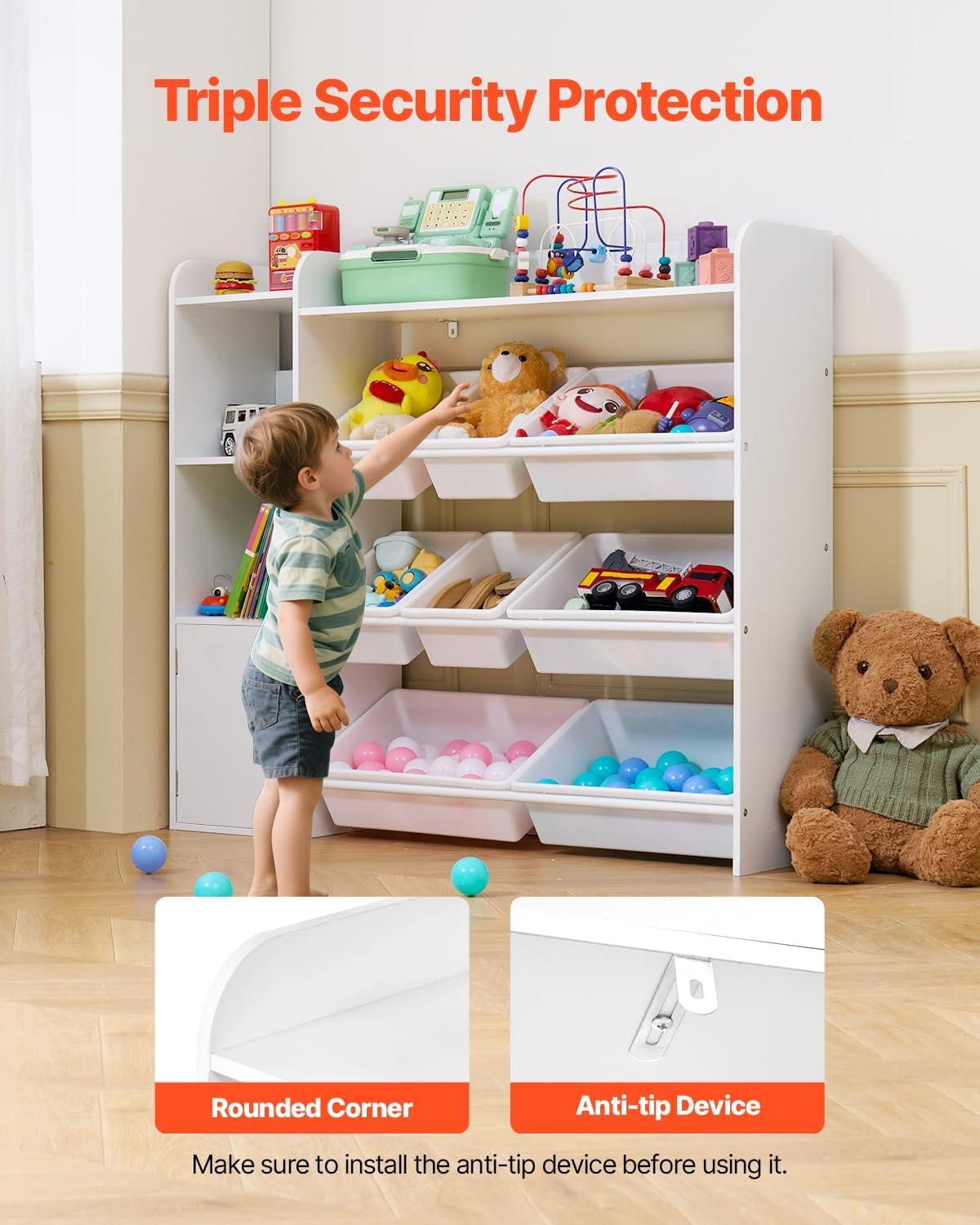 imageVEVOR Kids Toy Storage and Bookshelf 4Tier Large Toy Storage Organizer with 8 Flexible Plastic Bins Kids Cubby Cabinet with Bookshelf for Study Room Bedroom Playroom Classroom Nursery White443 Wide
