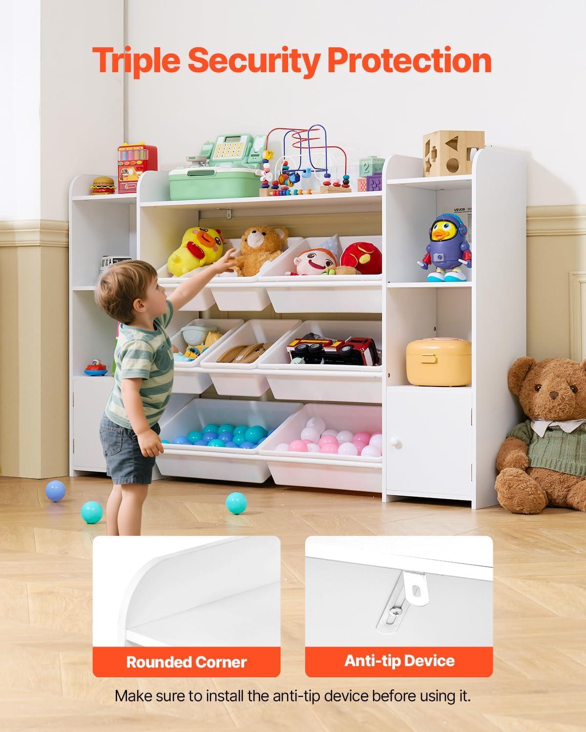 imageVEVOR Kids Toy Storage and Bookshelf 4Tier Large Toy Storage Organizer with 8 Flexible Plastic Bins Kids Cubby Cabinet with Bookshelf for Study Room Bedroom Playroom Classroom Nursery White546 Wide
