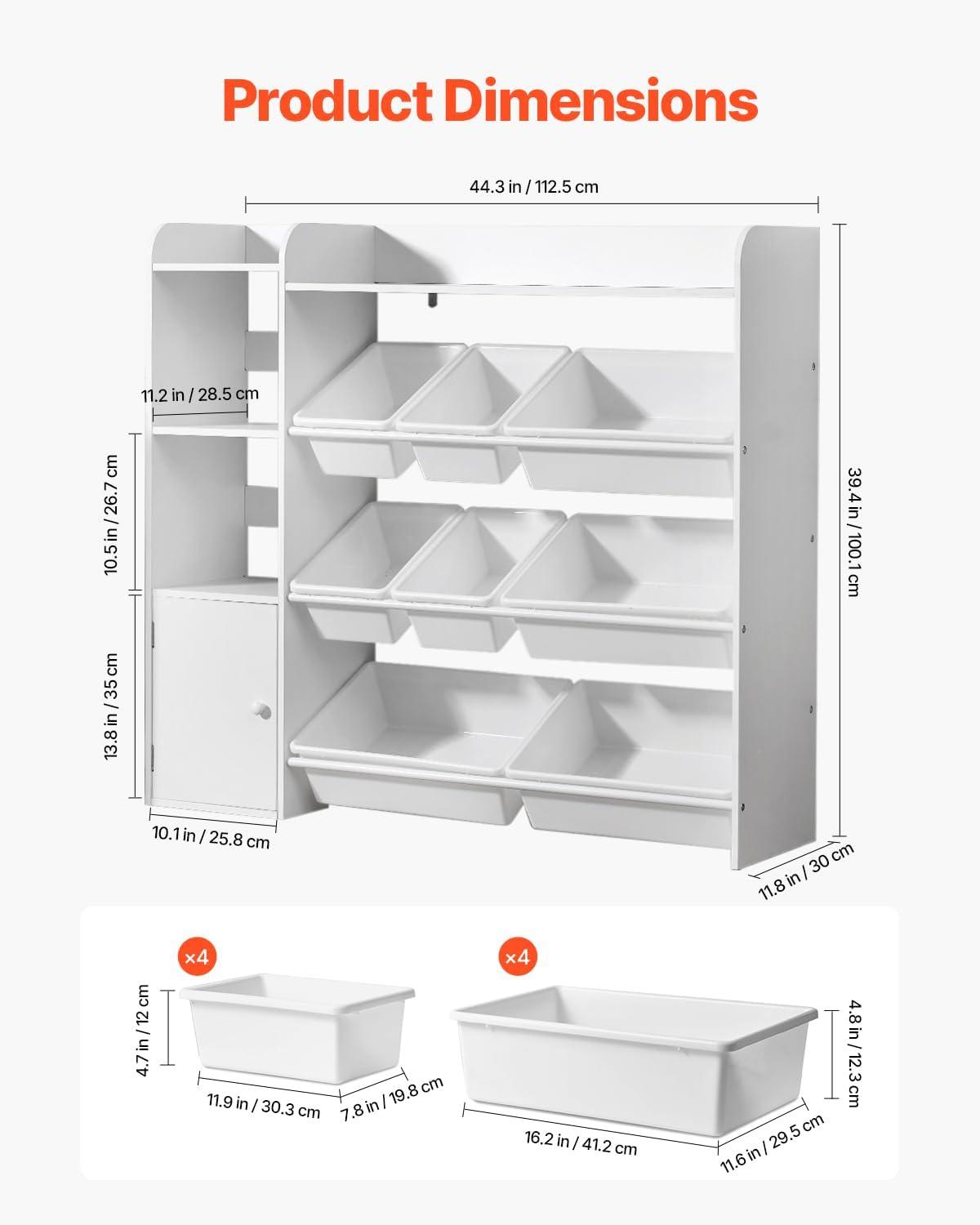 imageVEVOR Kids Toy Storage and Bookshelf 4Tier Large Toy Storage Organizer with 8 Flexible Plastic Bins Kids Cubby Cabinet with Bookshelf for Study Room Bedroom Playroom Classroom Nursery White443 Wide