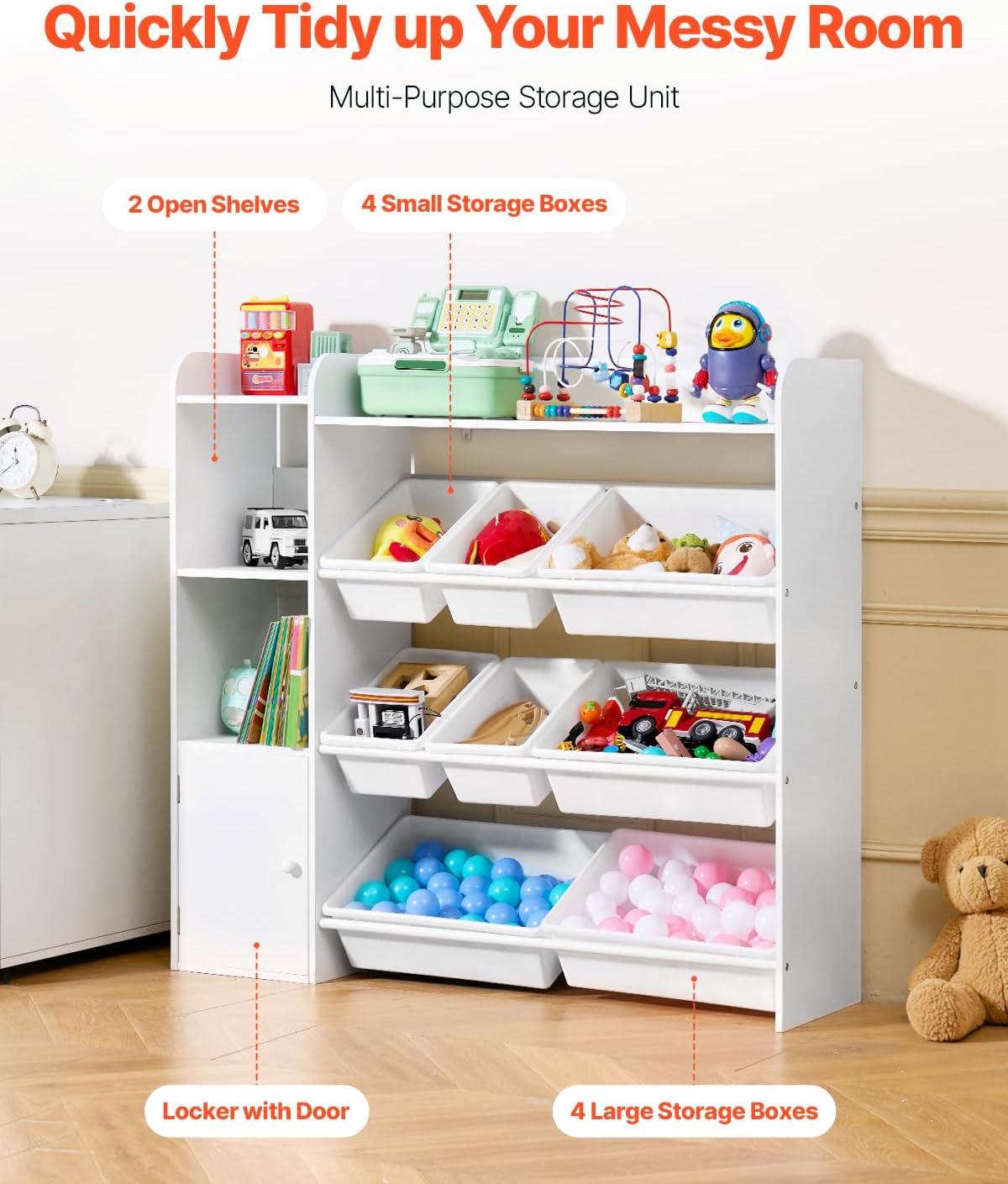 imageVEVOR Kids Toy Storage and Bookshelf 4Tier Large Toy Storage Organizer with 8 Flexible Plastic Bins Kids Cubby Cabinet with Bookshelf for Study Room Bedroom Playroom Classroom Nursery White443 Wide