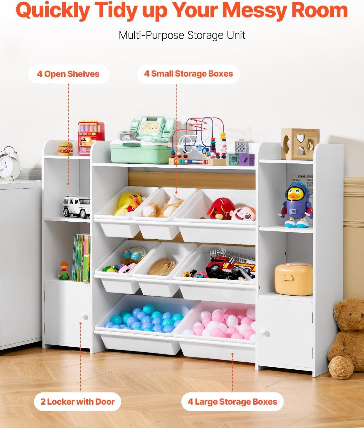 imageVEVOR Kids Toy Storage and Bookshelf 4Tier Large Toy Storage Organizer with 8 Flexible Plastic Bins Kids Cubby Cabinet with Bookshelf for Study Room Bedroom Playroom Classroom Nursery White546 Wide